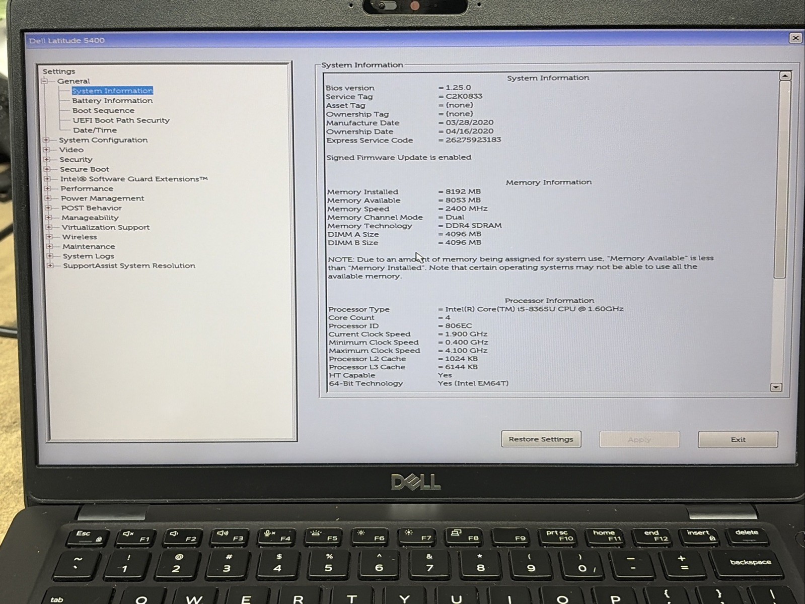 Dell Latitude 5400 14″ FHD i5-8365U 8GB No SSD/OS