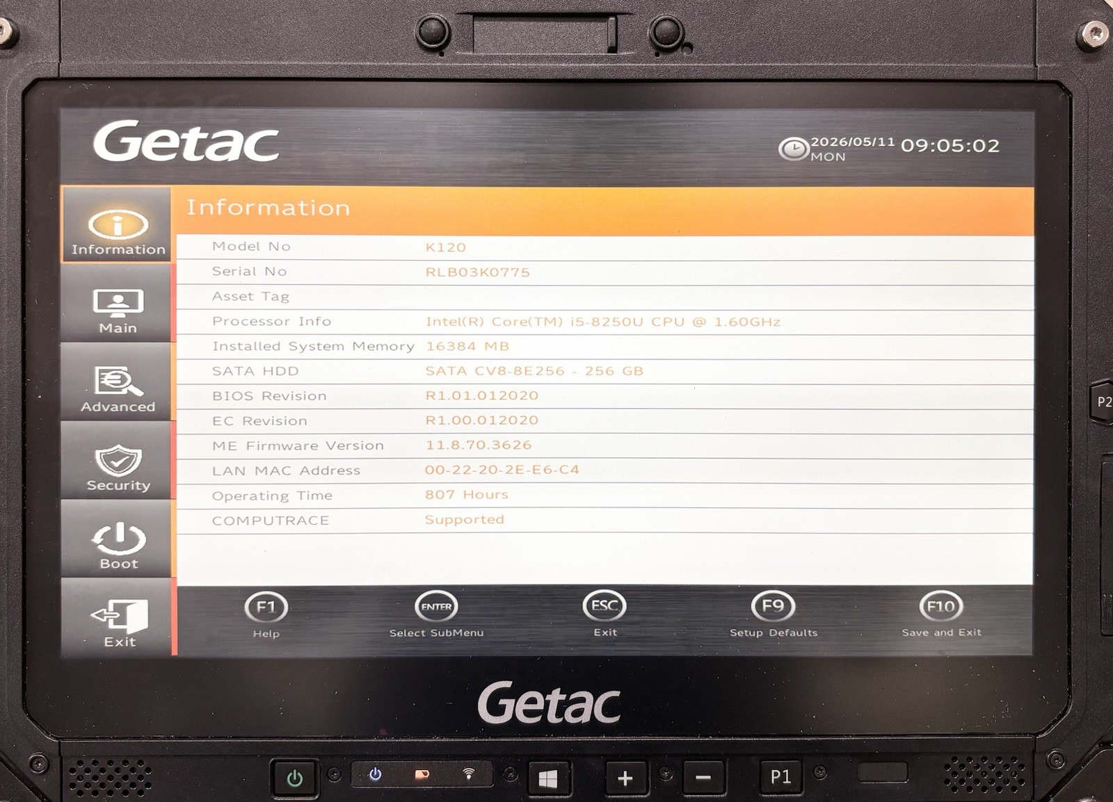 Getac K120 Rugged Toughbook Touch i5-8250U 1.60Ghz 32GB 2TB SSD Win 11 615 Hour