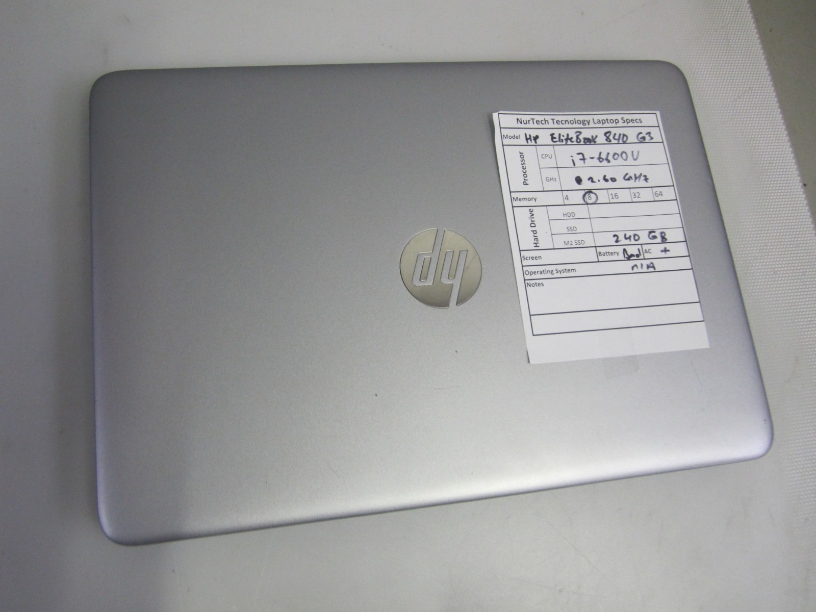 HP EliteBook 840 G3 14″ Laptop I7-6600U 2.6G 8GB 240GB M2SSD BAD BTRY NO OS + AC