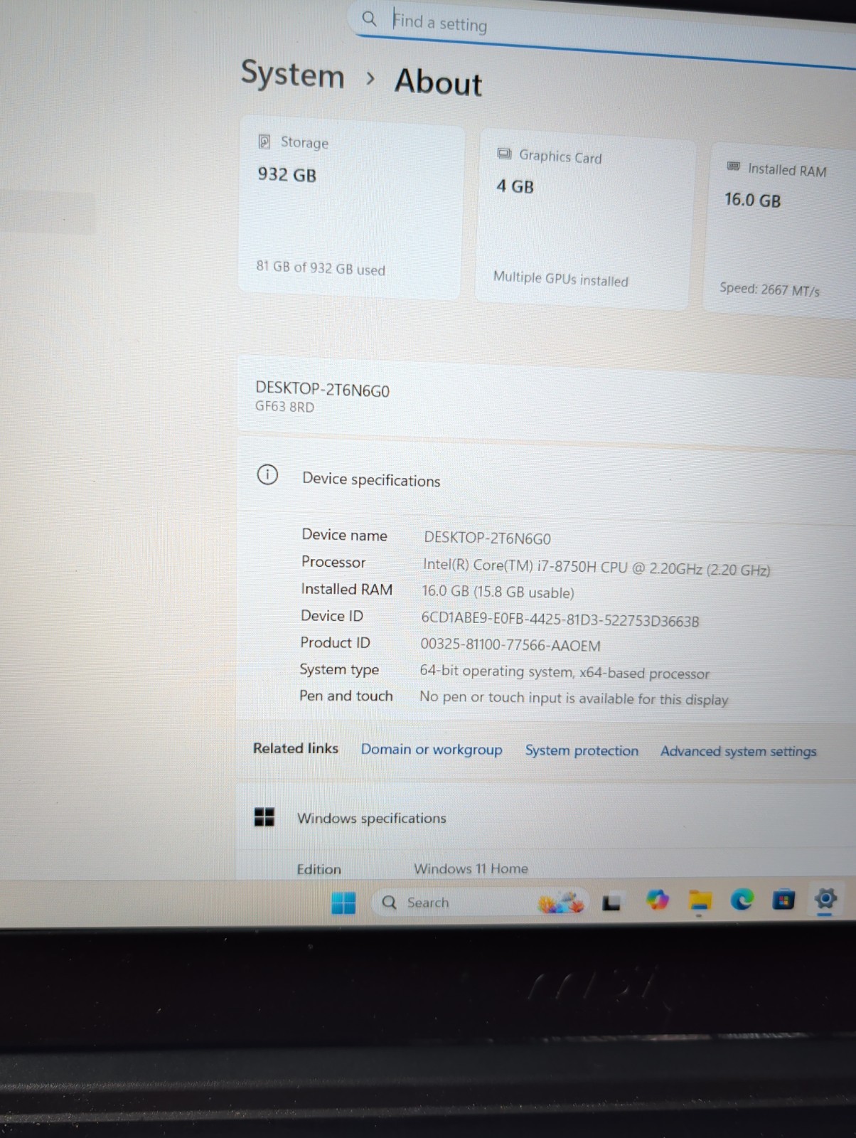 Gaming Laptop Msi GF 63 8RD I7 8th Gen 16GB RAM 1TB SSD Rtx 1050 Ti, 15.6 FHD.