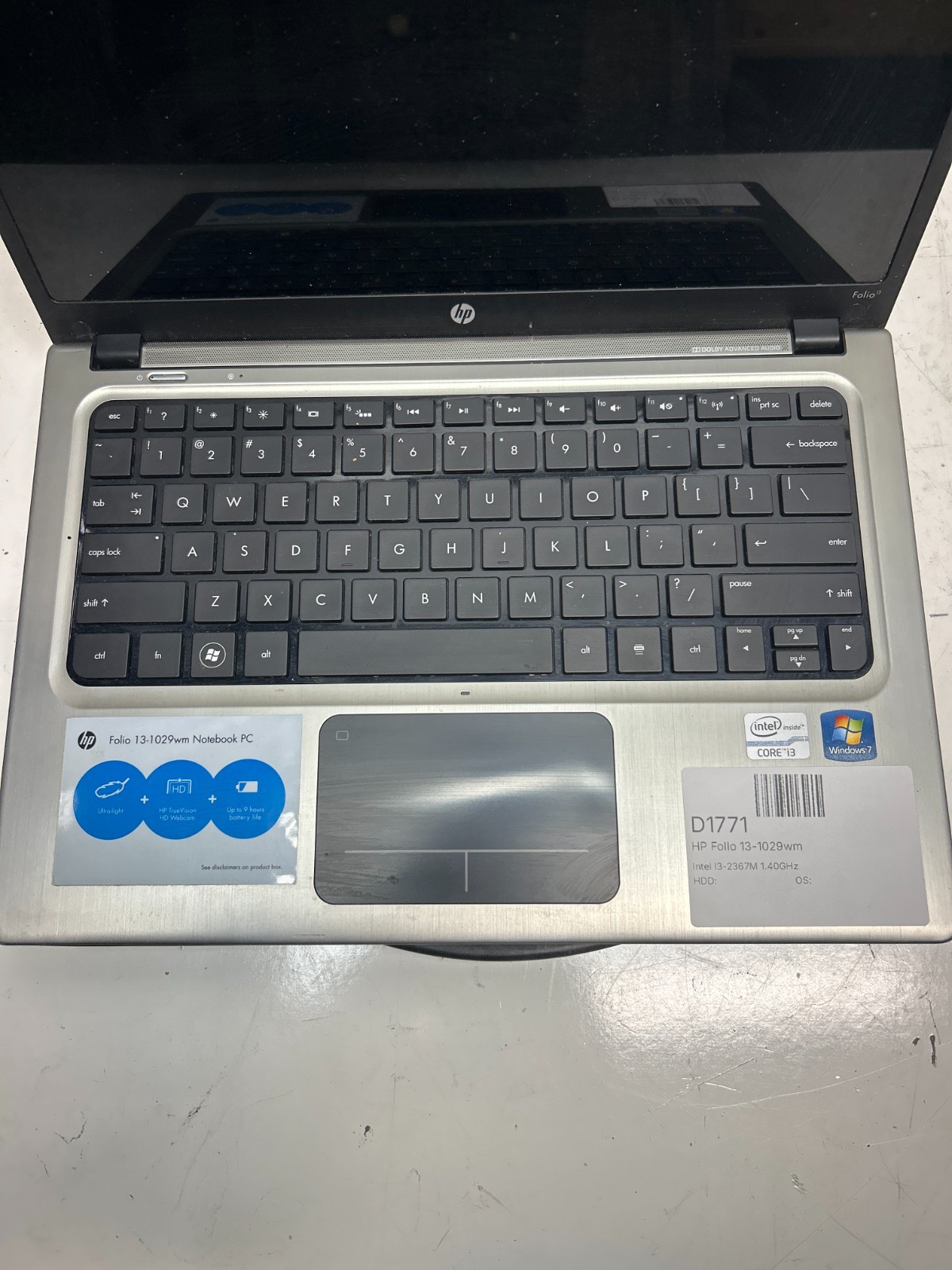 HP Folio 13-1029wm Intel i3-2367M 1.40GHz NO RAM NO HDD NO BAT – FOR PARTS