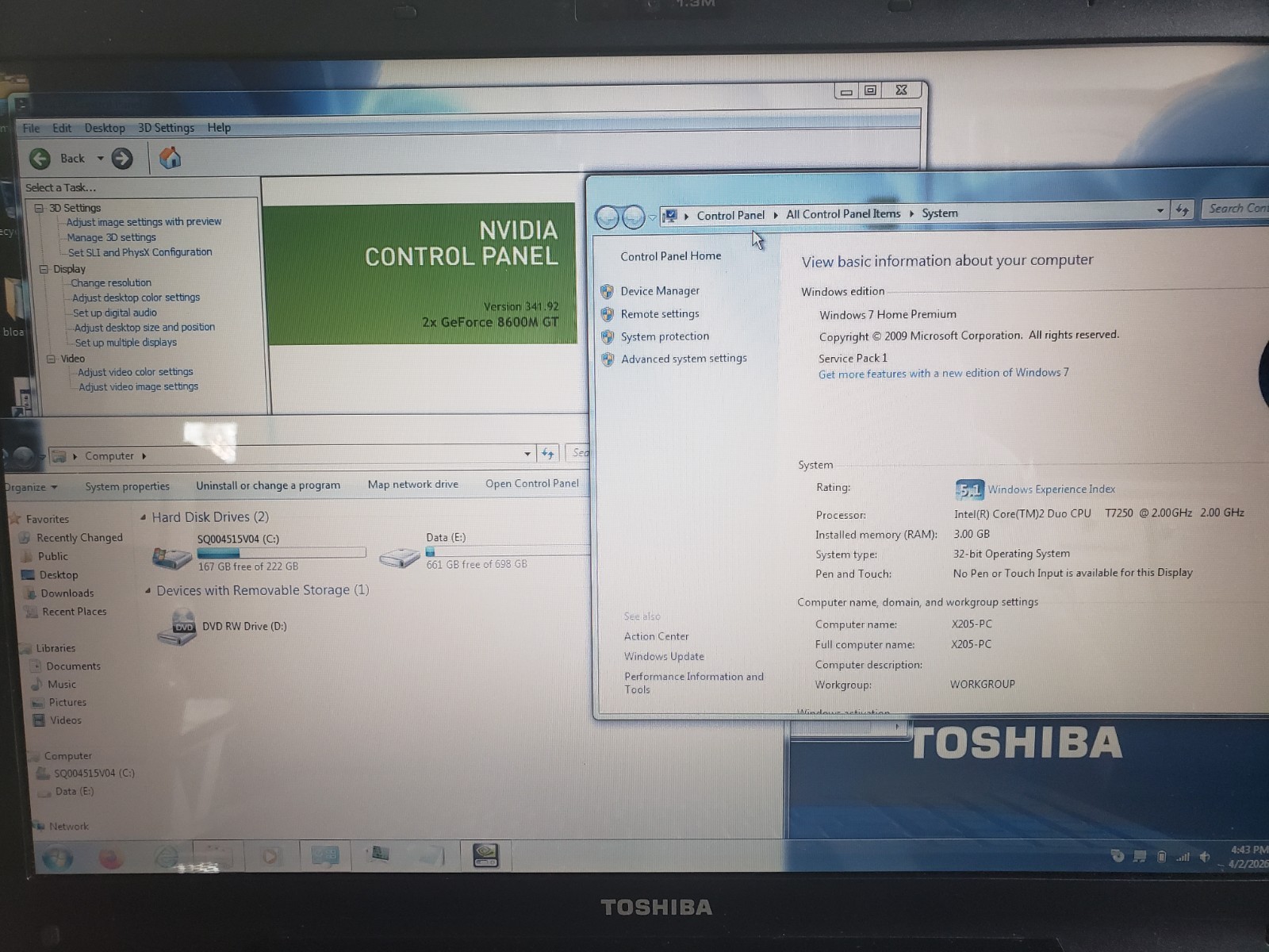 Toshiba Satellite X205 ‘Baby Qosmio’ 2ghz 3gb 1tb 8600m GT SLI Retro Gaming Win7