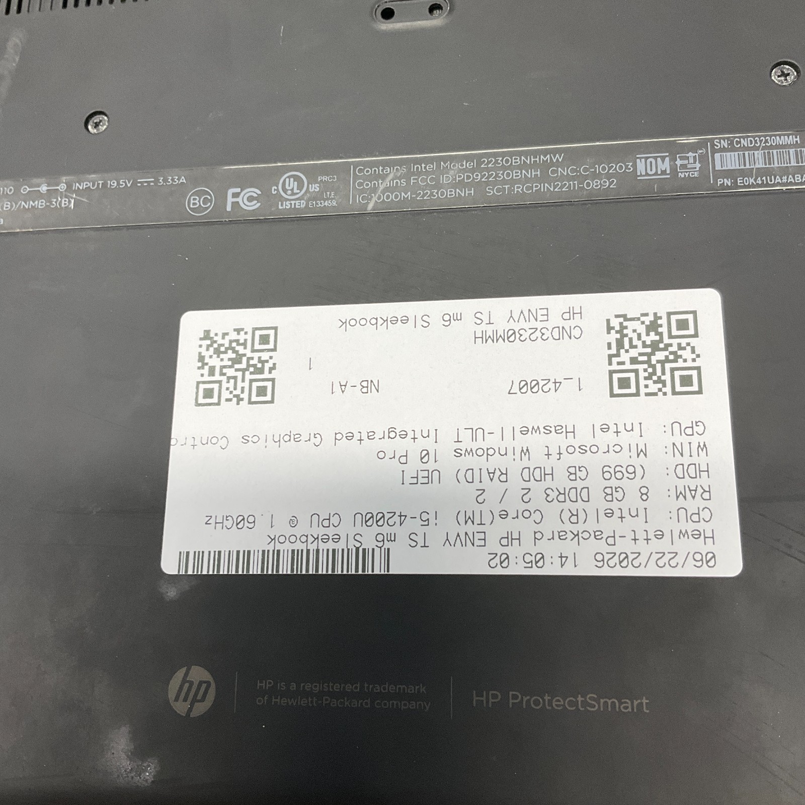 HP ENVY TS 14 SLEEKBOOK Laptop Intel i5-4200U @ 1.60 GHz 8GB 750GB HDD BAD BATT
