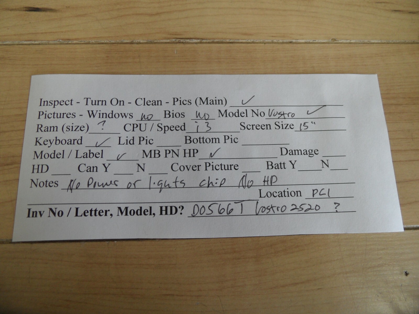 Dell Vostro 2520 For Parts – Did Not Power On – No Hard Drive