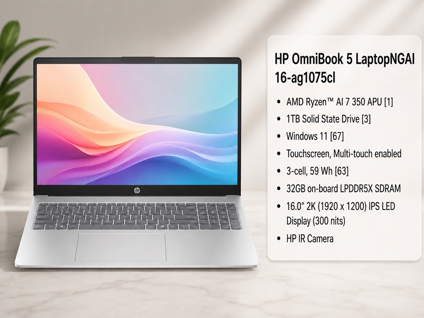 HP OmniBook 5 16-ag1075cl 16” 2K Touch Ryzen AI 7 350 32GB 1TB SSD New