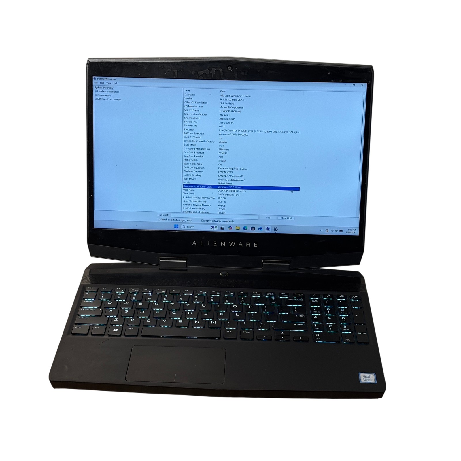 Alienware m15 P79F Intel Core i7-8750H 2.2GHz 16G RAM 128GB SSD 15.6″ Win11 Home