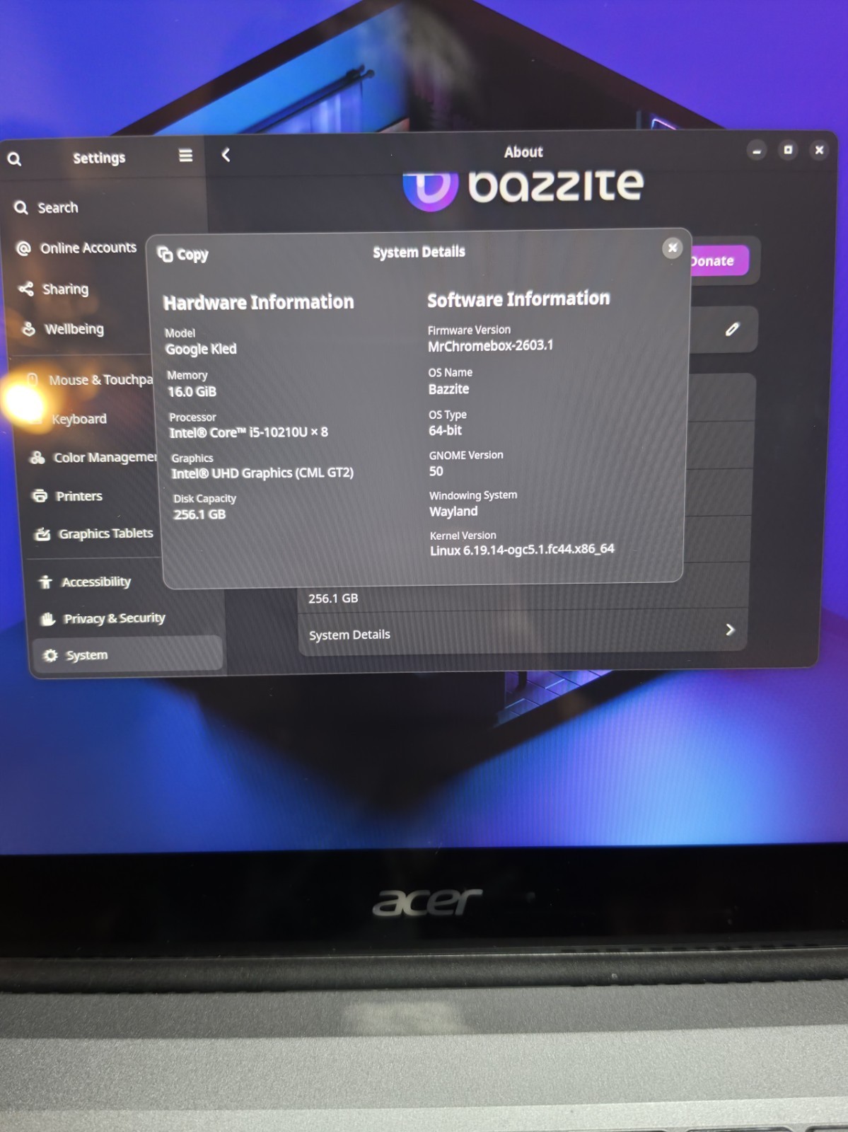 Acer Chromebook Spin 714/Linux Bazzite OS/ Unlocked Firmware i5-10210U 16gb Ram
