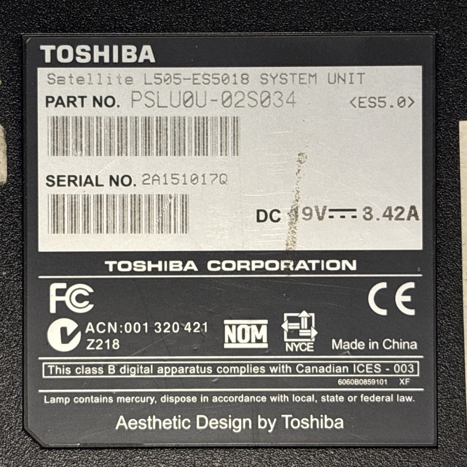 Toshiba Satellite L505-ES5018 Pentium dual Core T4400 2.20GHz Laptop