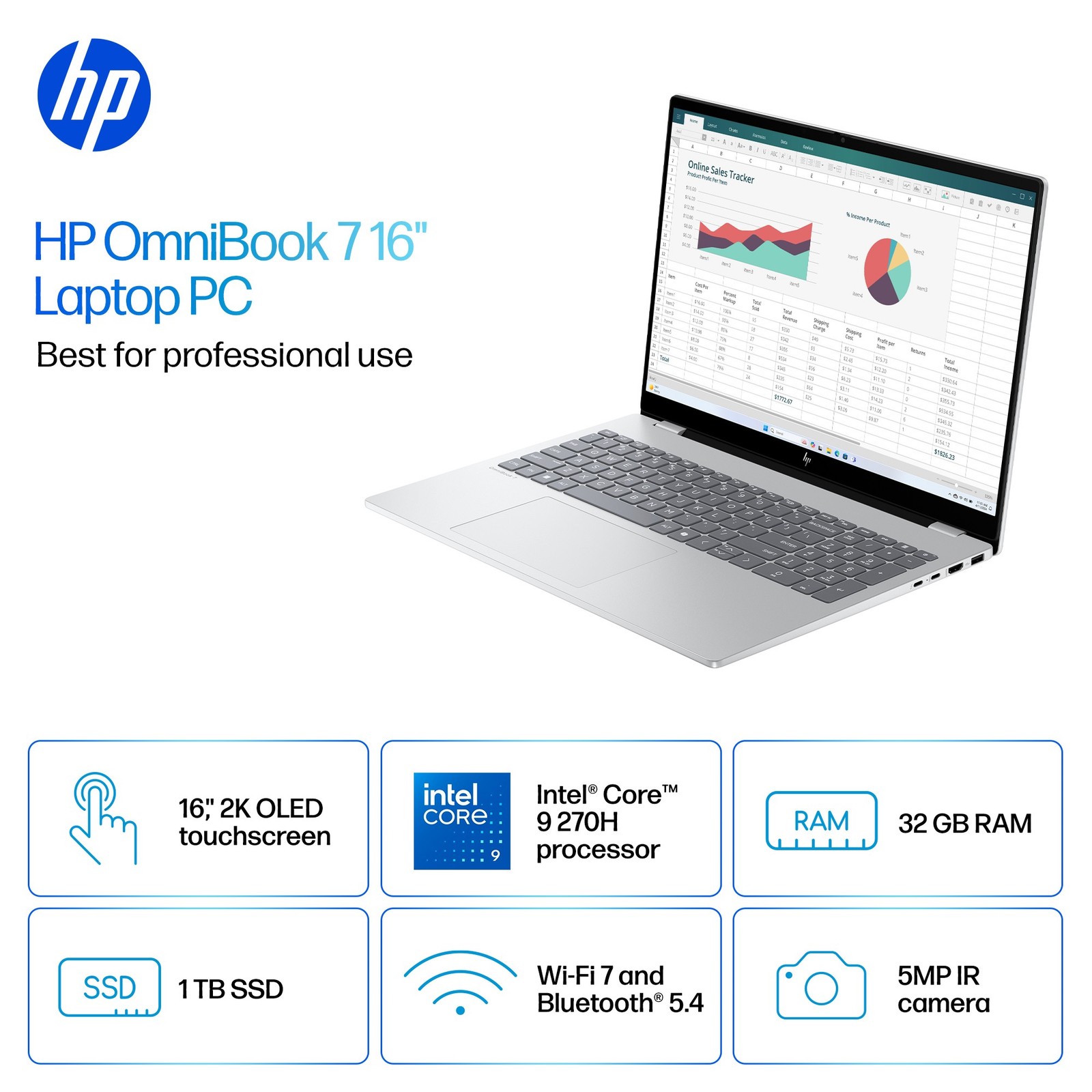 HP OmniBook 7 – 16″ 2K OLED Touch. Intel Core 9 270H, 32GB Memory, 1TB SSD, W11H
