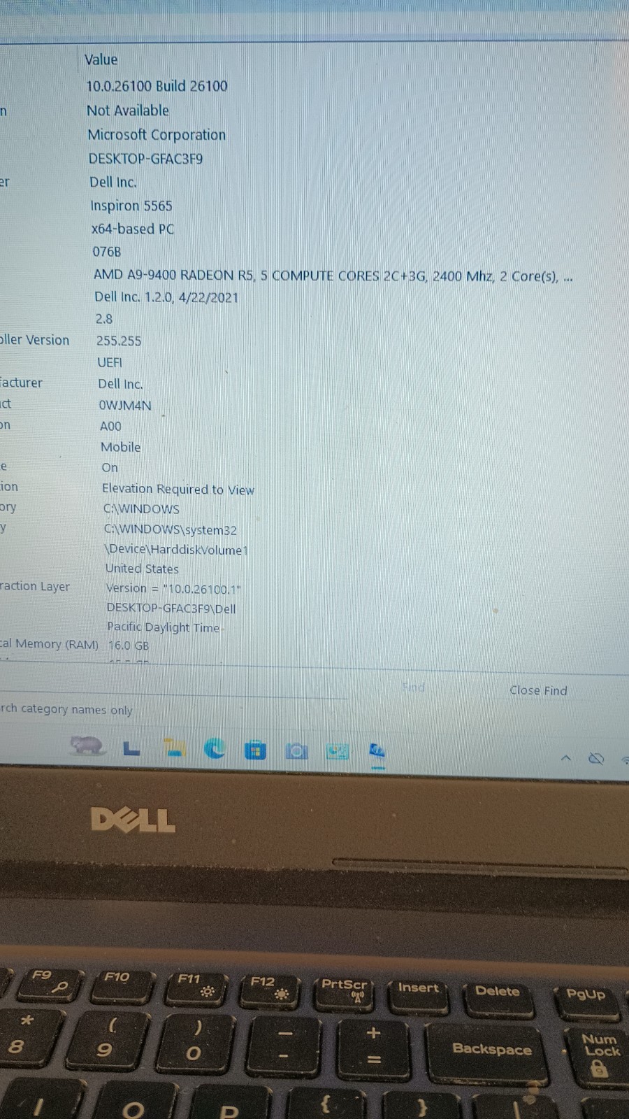 10221 Inspiron5565 Gamer w/charger.A9-9400.16GB.128GB SSD.Optical.15.6″.W11
