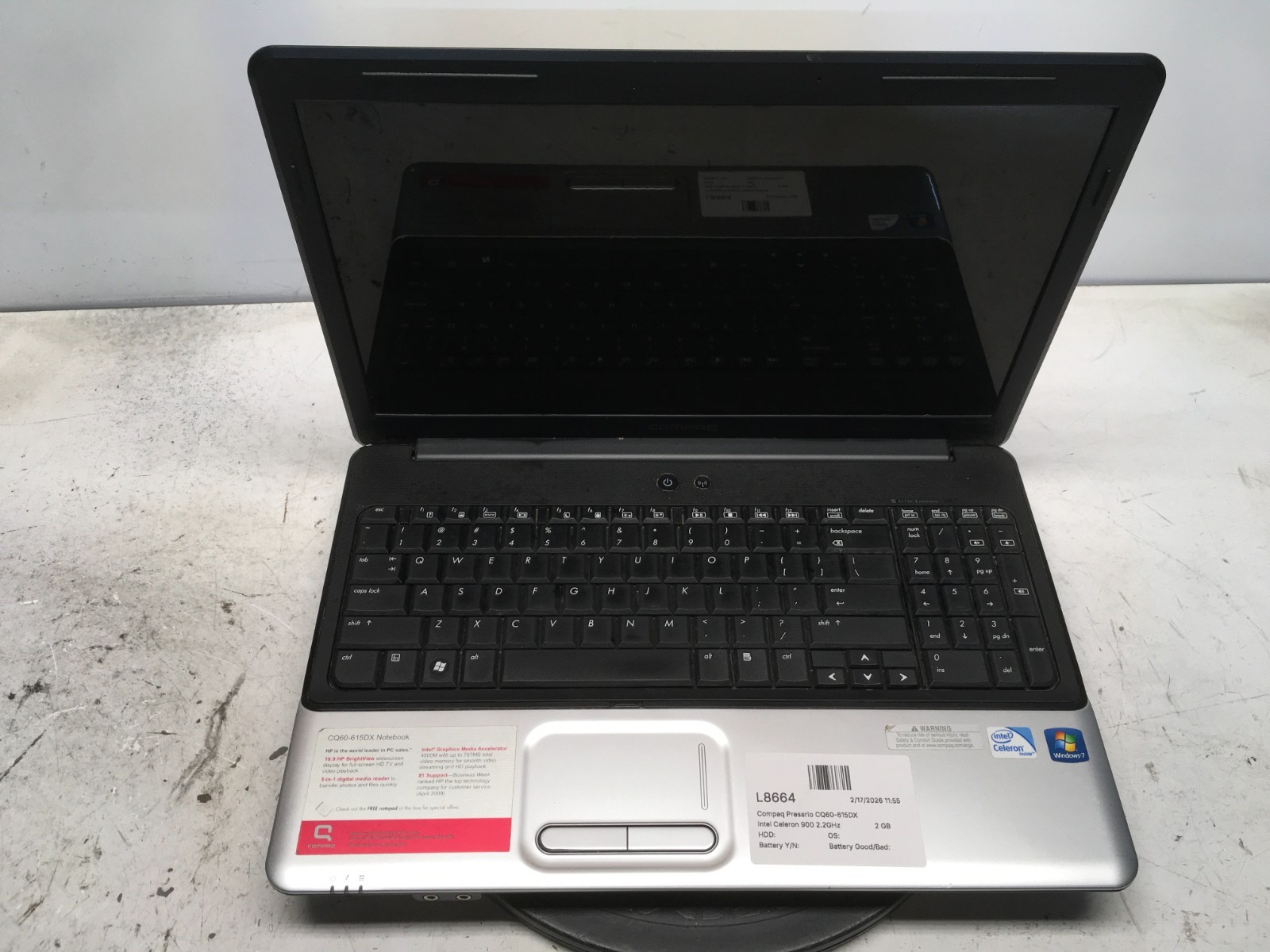 Compaq Presario CQ60-615DX Intel Celeron 900 2.2GHz 2 GB NO HDD