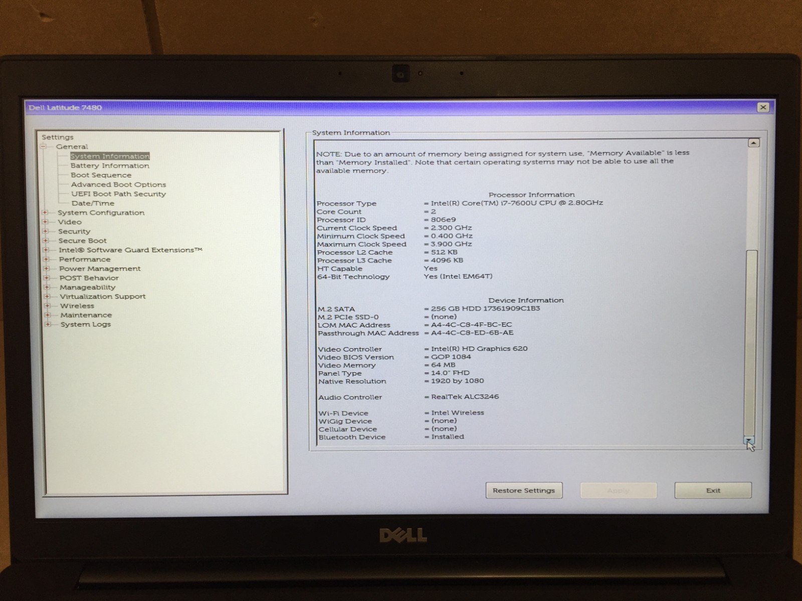 Dell Latitude 7480 14″ FHD Laptop i7-7600U 2.8GHz 8GB RAM 256GB SSD w/AC