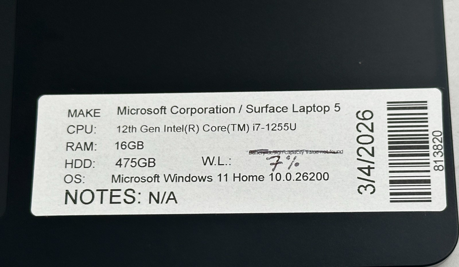 MICROSOFT SURFACE 5 LAPTOP i7-1255u @ 1.70 GHZ 16GB RAM 475GB SSD (lp685)