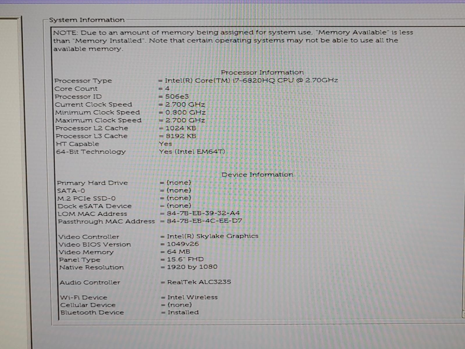 Dell Precision 7510 15.6″ i7-6820HQ 32GB Quadro M2000M *NO HDD/NO OS/NO AC*