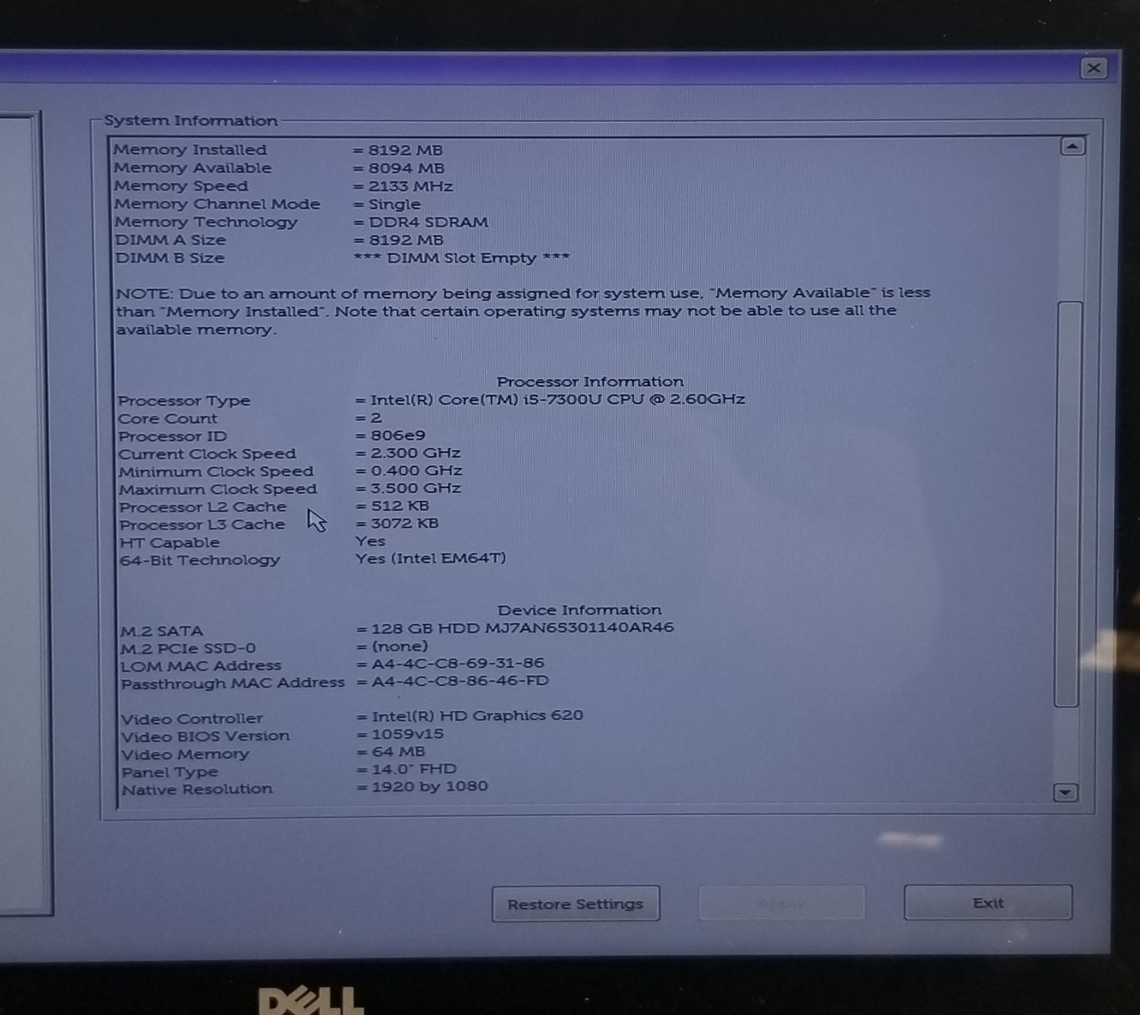 Dell Latitude 7480 i5-7300U @ 2.60GHz 8GB 128GB SSD WIN 11 PRO
