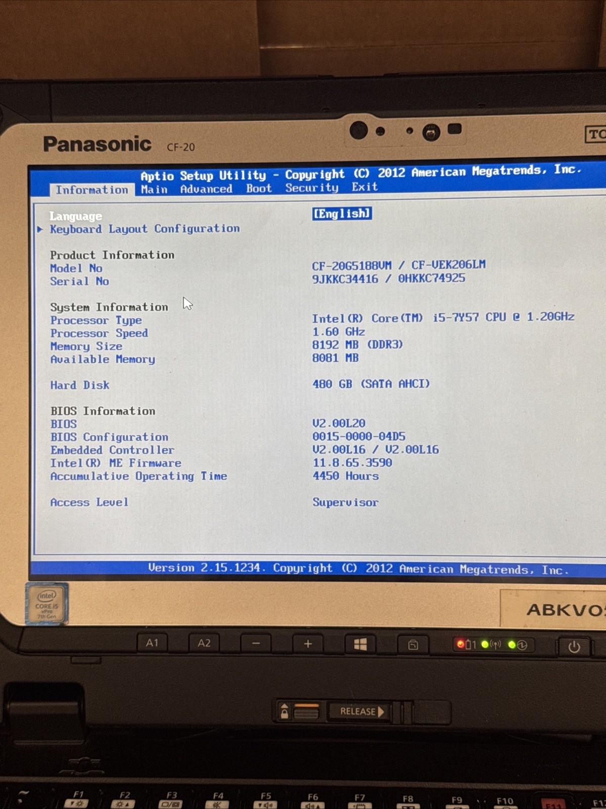 Panasonic Toughbook CF-20 i5-7Y57 1.20GHz 480GB SSD 8GB No Window W/ Pen 7th Gen