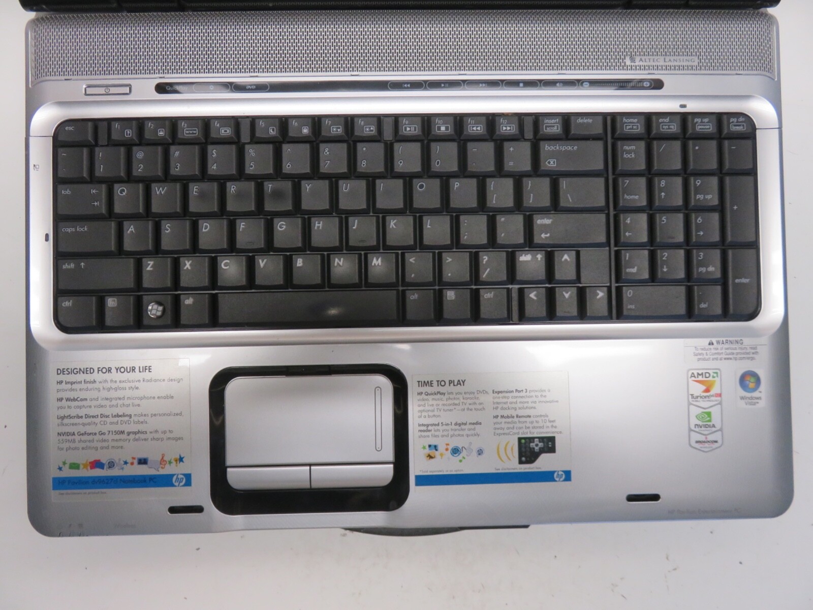 HP Pavilion DV9500 Laptop AMD Turion 64 X2 2GB NO HDD No Batt