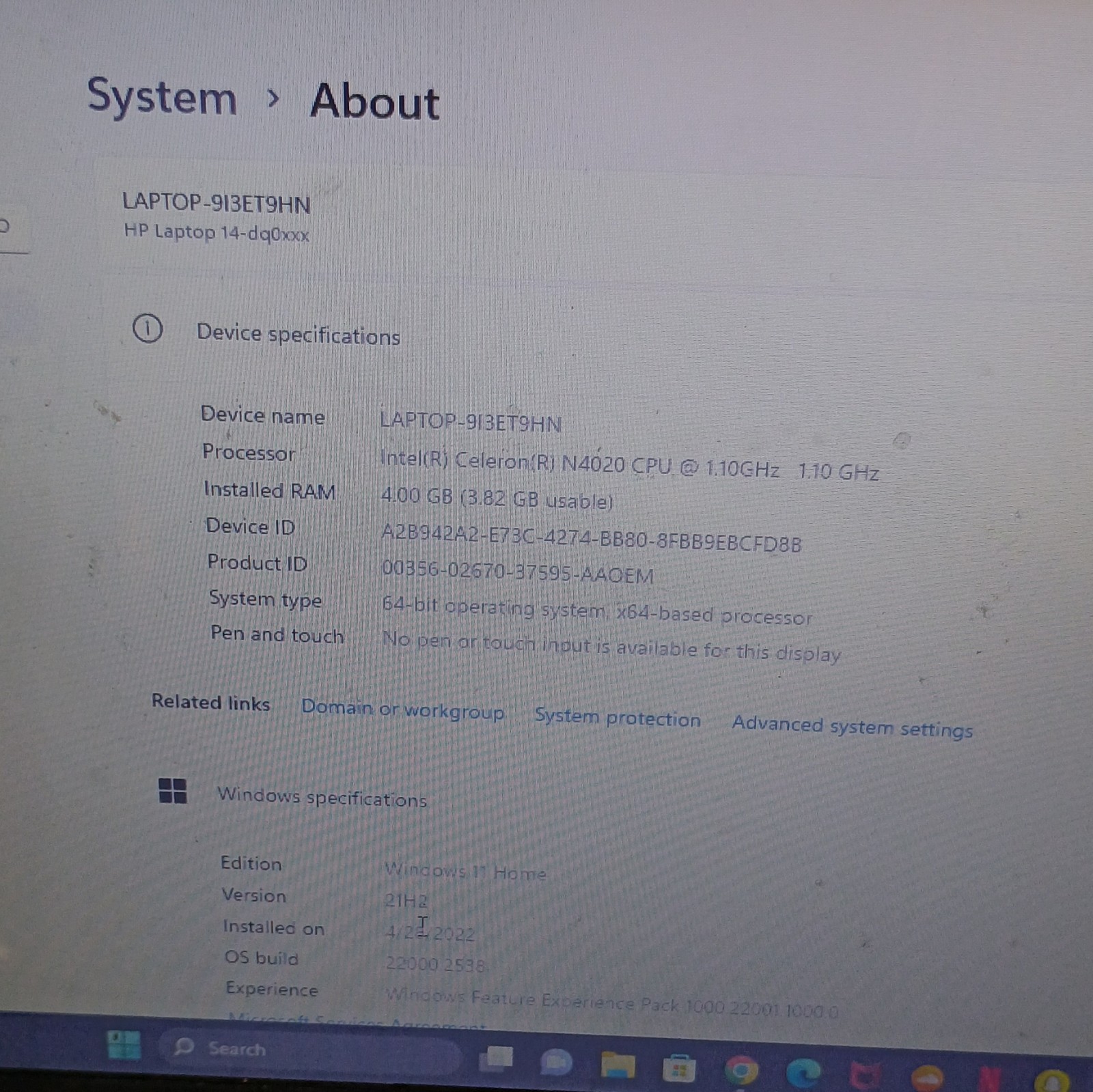 HP 14-dq0xxx 14in Celeron N4020 4GB 64GB SSD Win 11 Home White