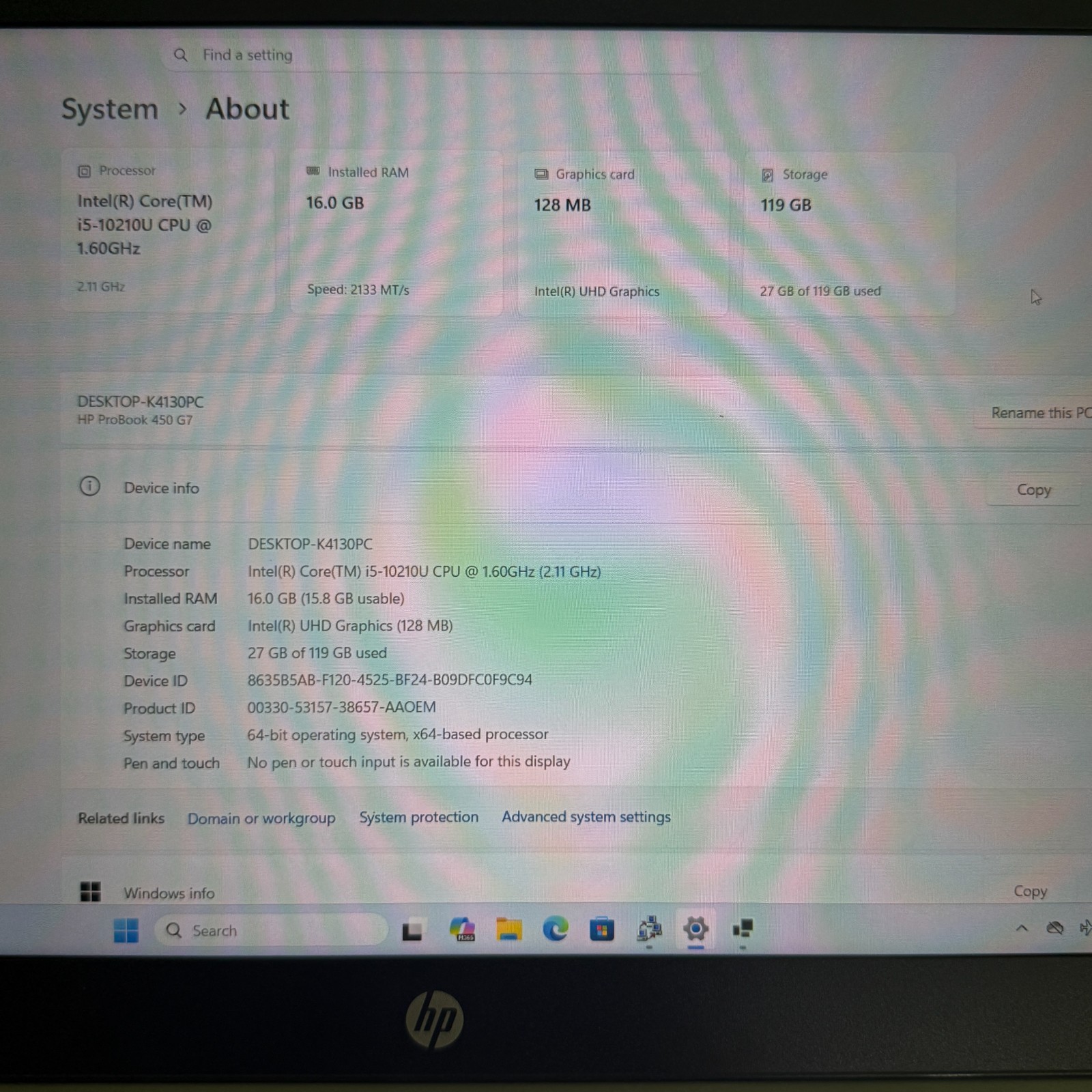 HP ProBook 450 G7 15.6″ Laptop Intel Core i5-10210U 16GB RAM 128GB SSD Windows11