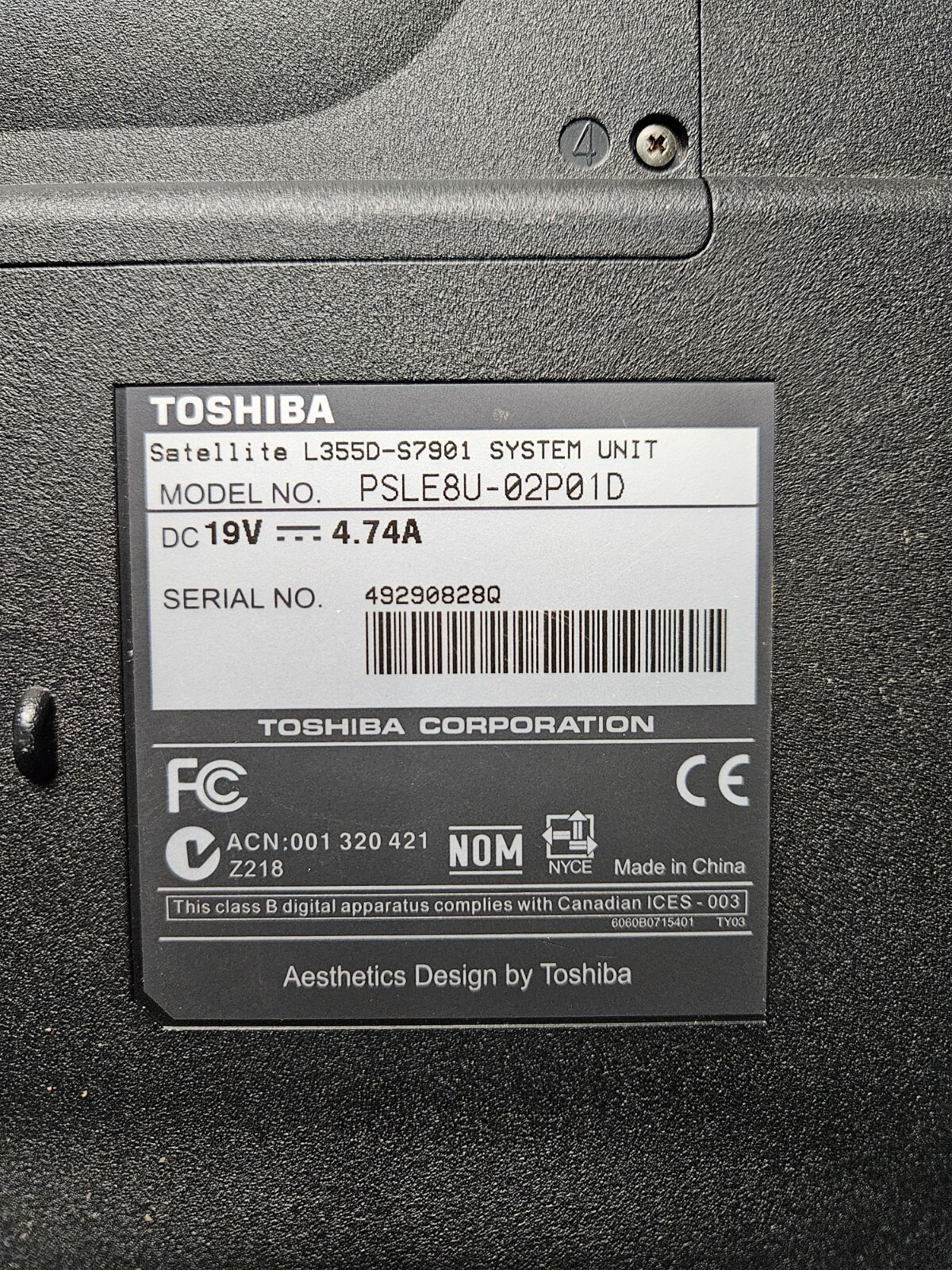 17.1” Toshiba Satellite L355D-S7901 Laptop w/ Power Supply – For Parts/Salvage
