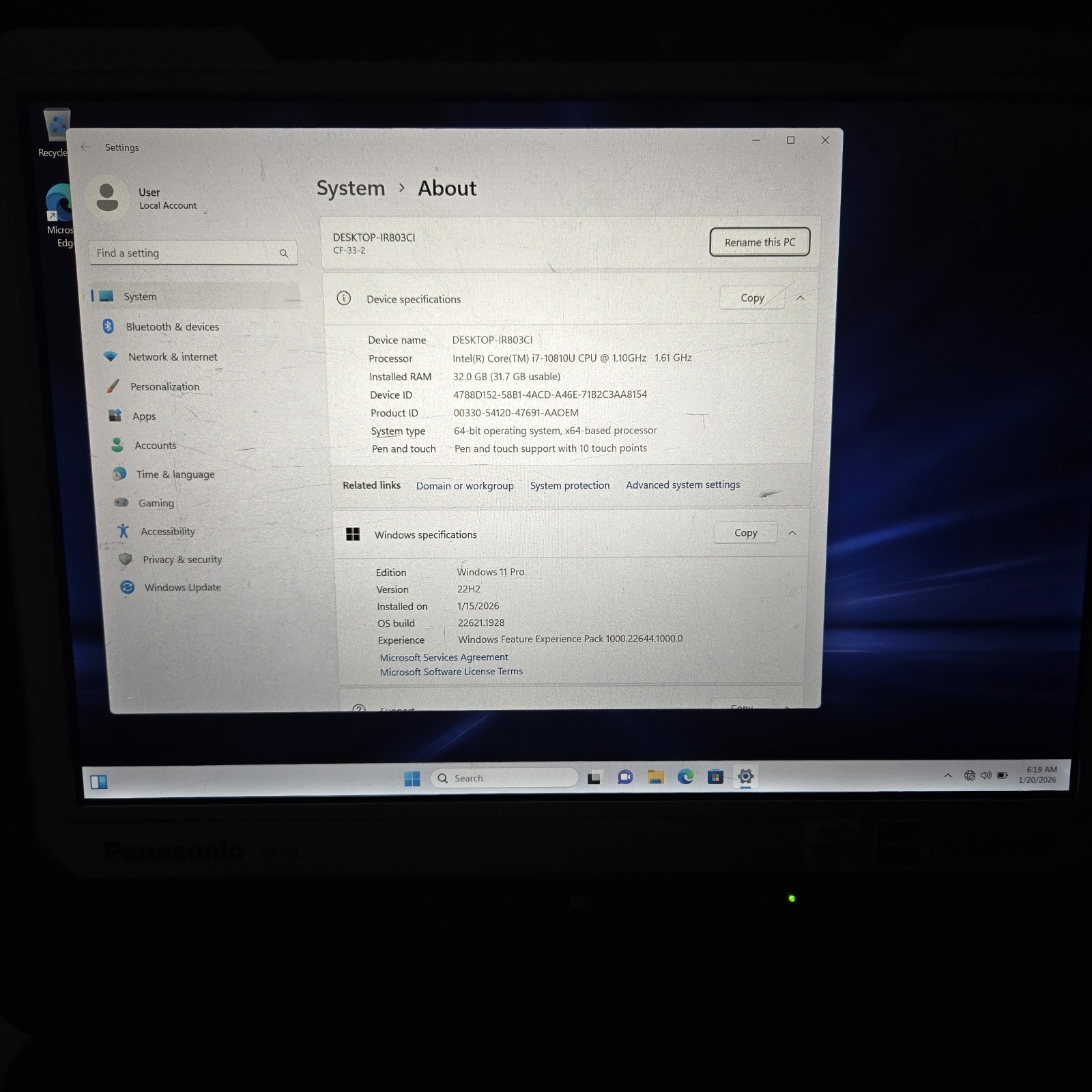 Panasonic Toughbook CF-33 i7-10810U 1.10GHz 512GB SSD 32GB Ram 4G GPS | Grade B-