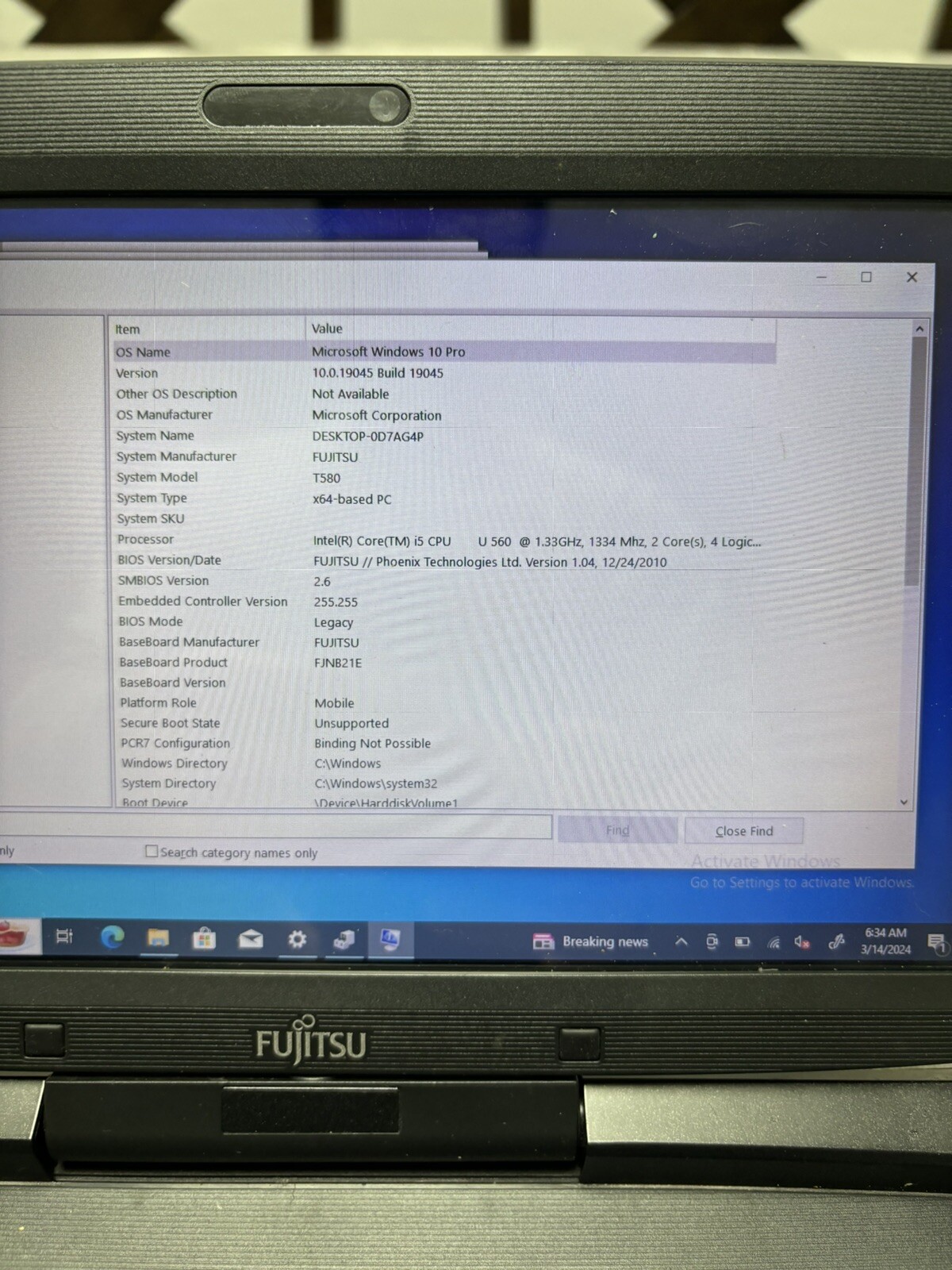 Fujitsu T 580 Core i5 – 1.33 GHz 3GB Ram Windows 10 – 512 SSD 10” Touch