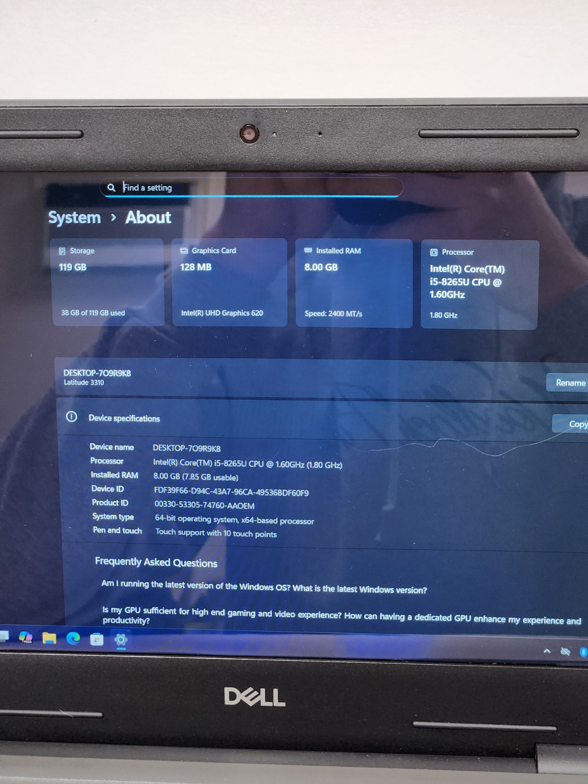 Dell Latitude 3310 TCH-SCRN Core i5-8265U, 8GB RAM, 128GB NVME, *READ #0253