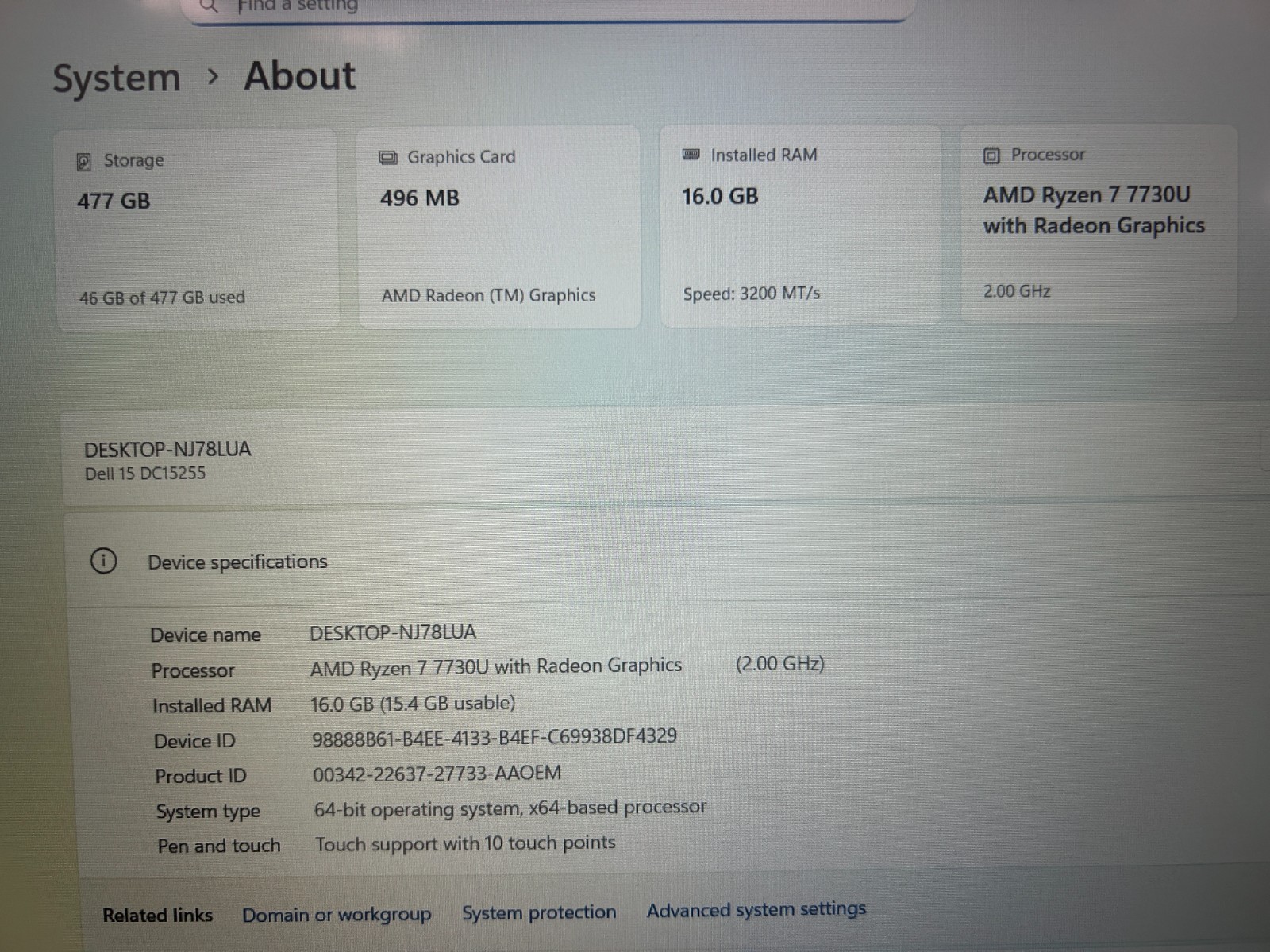 DELL 15 DC15255 G8MK9, AMD Ryzen 7 7730U, 2.00 GHz, 16 GB RAM 512 GB NVMe SSD