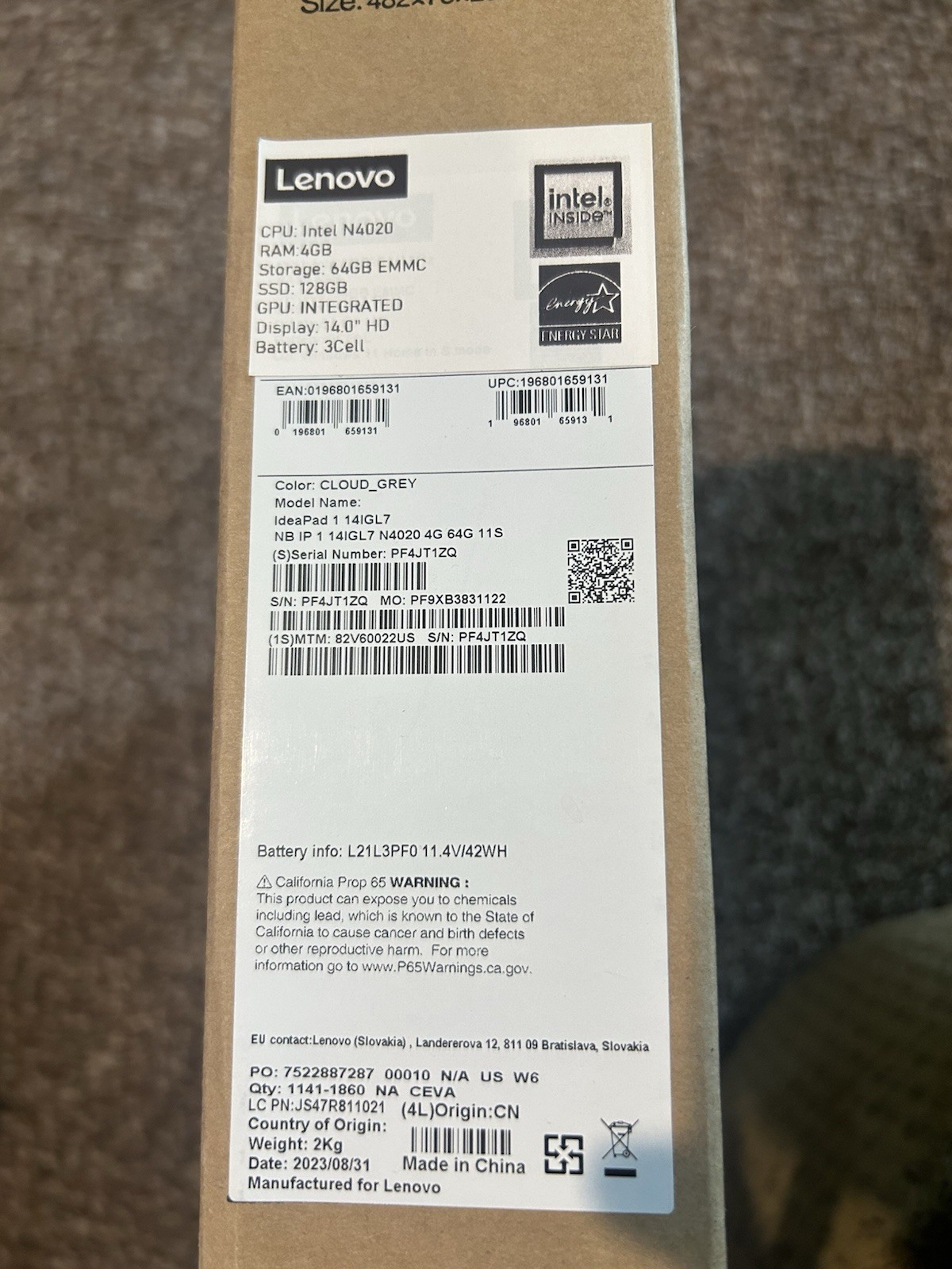 Lenovo IdeaPad 1 14IJL7 Laptop Intel N4020 4GB RAM 64GB eMMC 14″ Cloud Grey Win…