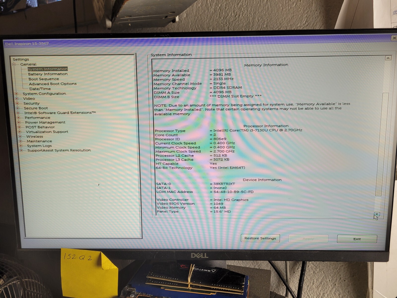 Dell Inspiron 15-3567 w/i3-7130U, 4GB RAM, 1TB HDD, 15.6″ Laptop for Parts #1828