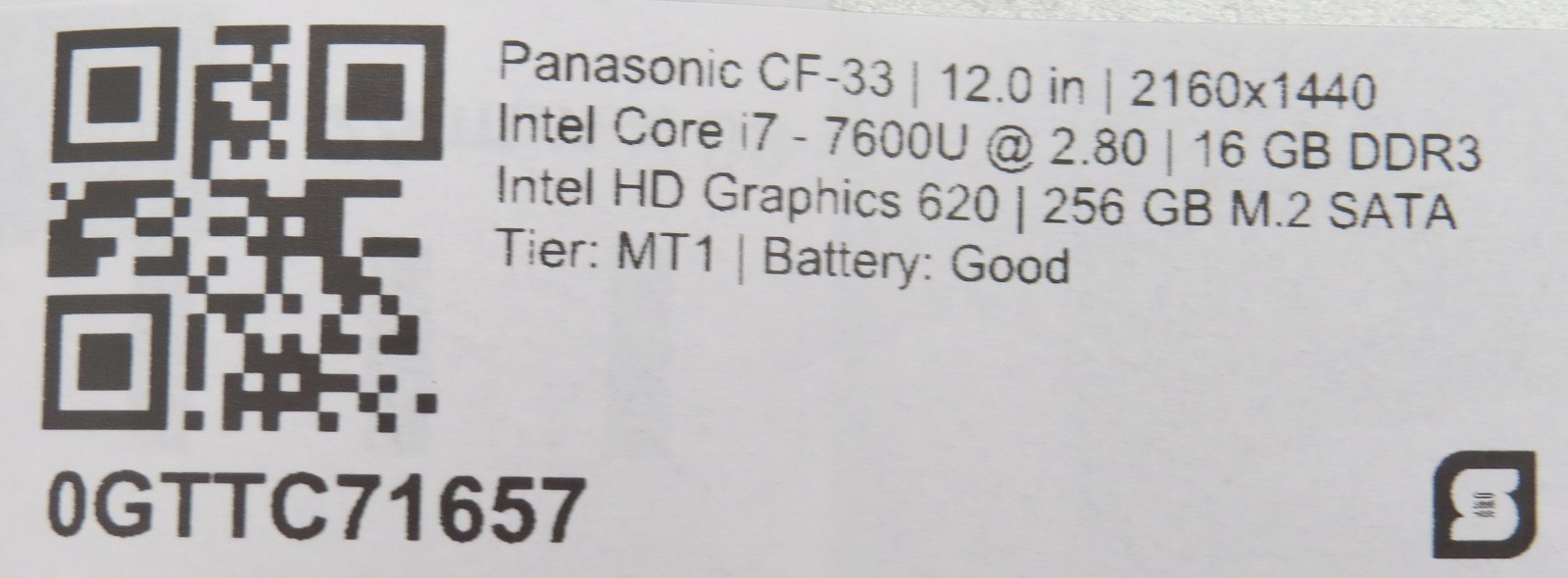 Panasonic CF-33 Toughbook | i7-7600U@2.8 | 16/256GB SSD | 12″ Touch | No OS/AC