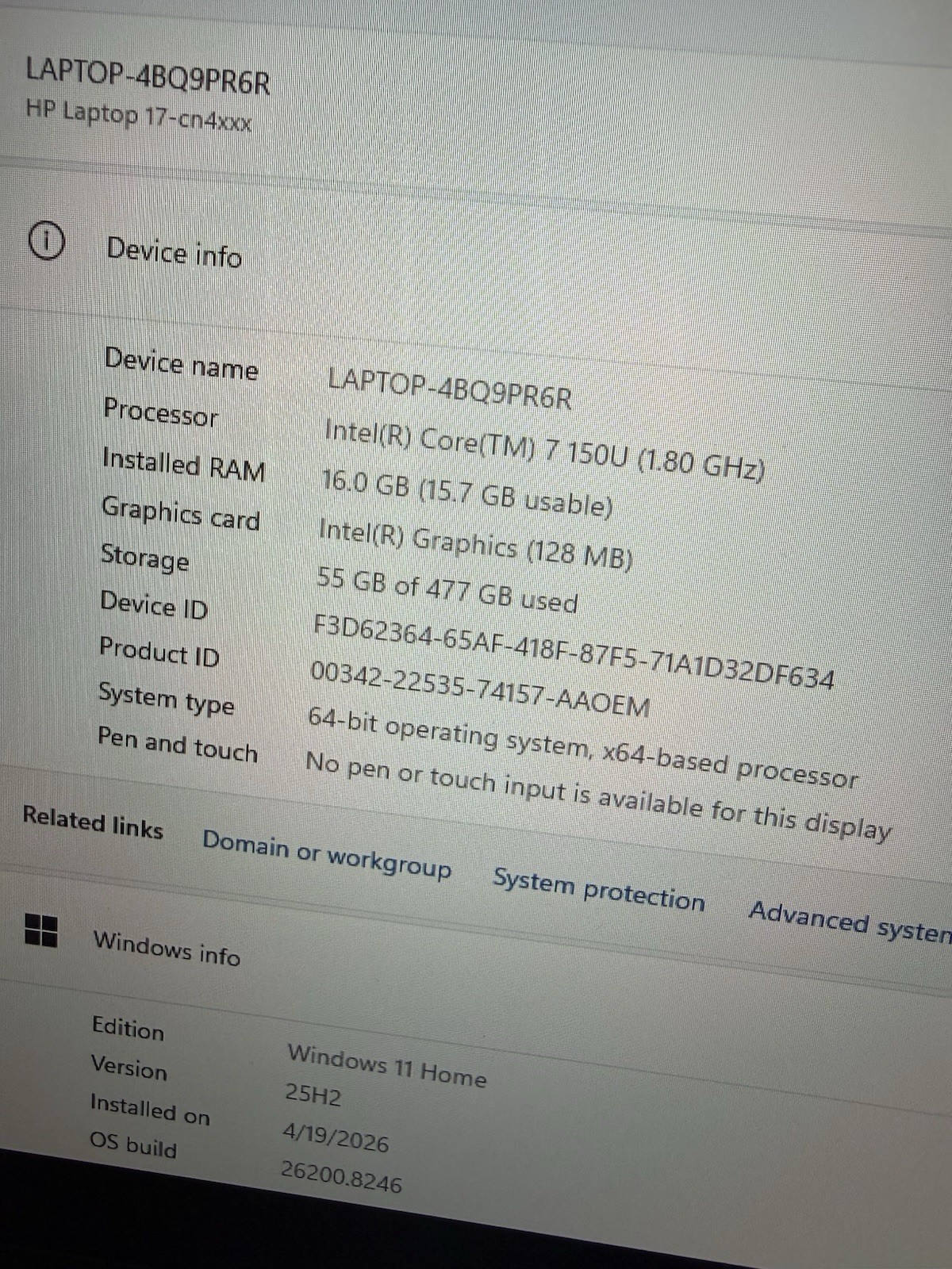 HP Essential 17-cn4047nr 17.3” FHD Laptop Intel Core 7 150U 16GB 512GB SSD