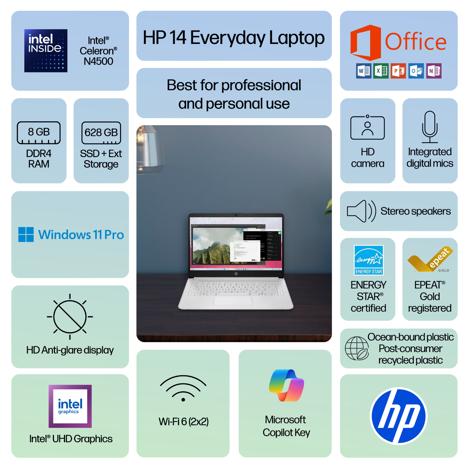 2026 HP Laptop Computer 14 Office 2024 Intel CPU 8GB RAM & 628GB Storage Win Pro