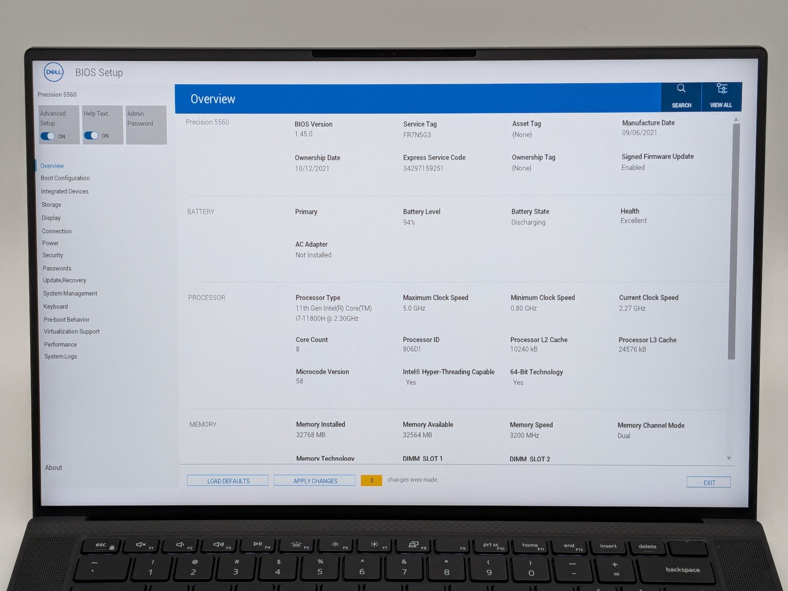 Dell Precision 5560 15.6″ FHD+ I7-11800H 512GB SSD 32GB W11P T1200 Webcam
