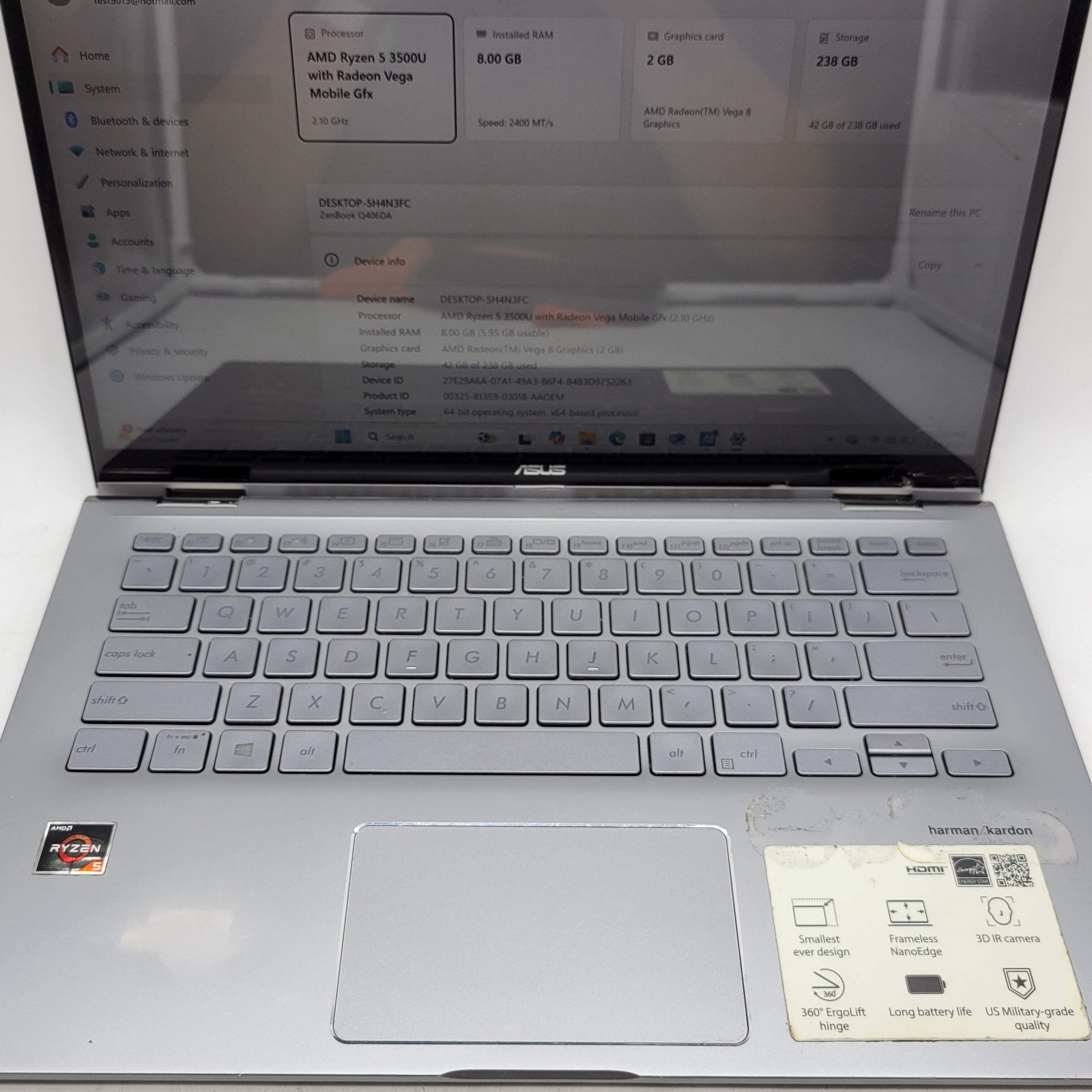 Broken Asus ZenBook Q406DA 14″ Ryzen 5 3500U 2.1GHz 8GB RAM 256GB SSD Read