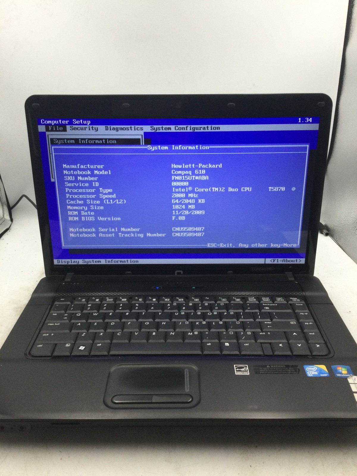 HP COMPAQ 610 – BOOTS TO BIOS – INTEL CORE 2 DUO – NO RAM – READ DESCRIPTION -BB