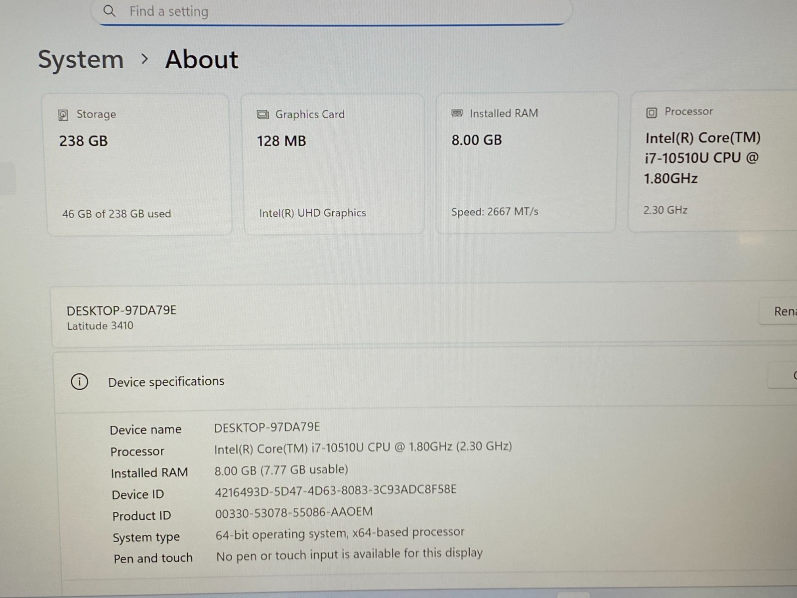 DELL LATITUDE 3410 14″ i7-10510U 8GB RAM 256GB SSD WINDOWS 11+CHARGER GRADE B+