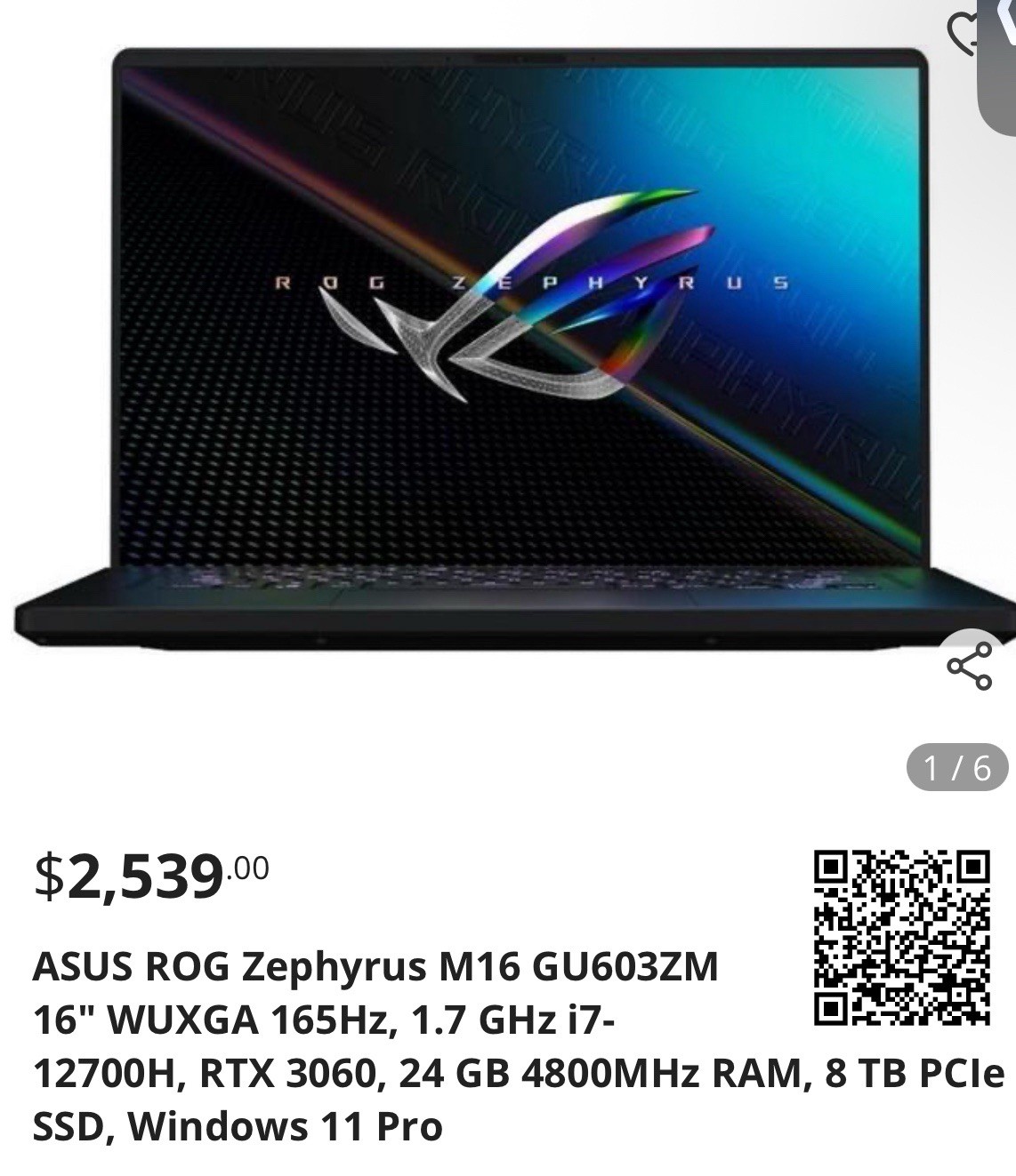ASUS ROG Zephyrus 16″ (1TB, Intel Core i9 11th Gen., 4.90 GHz, 16GB)