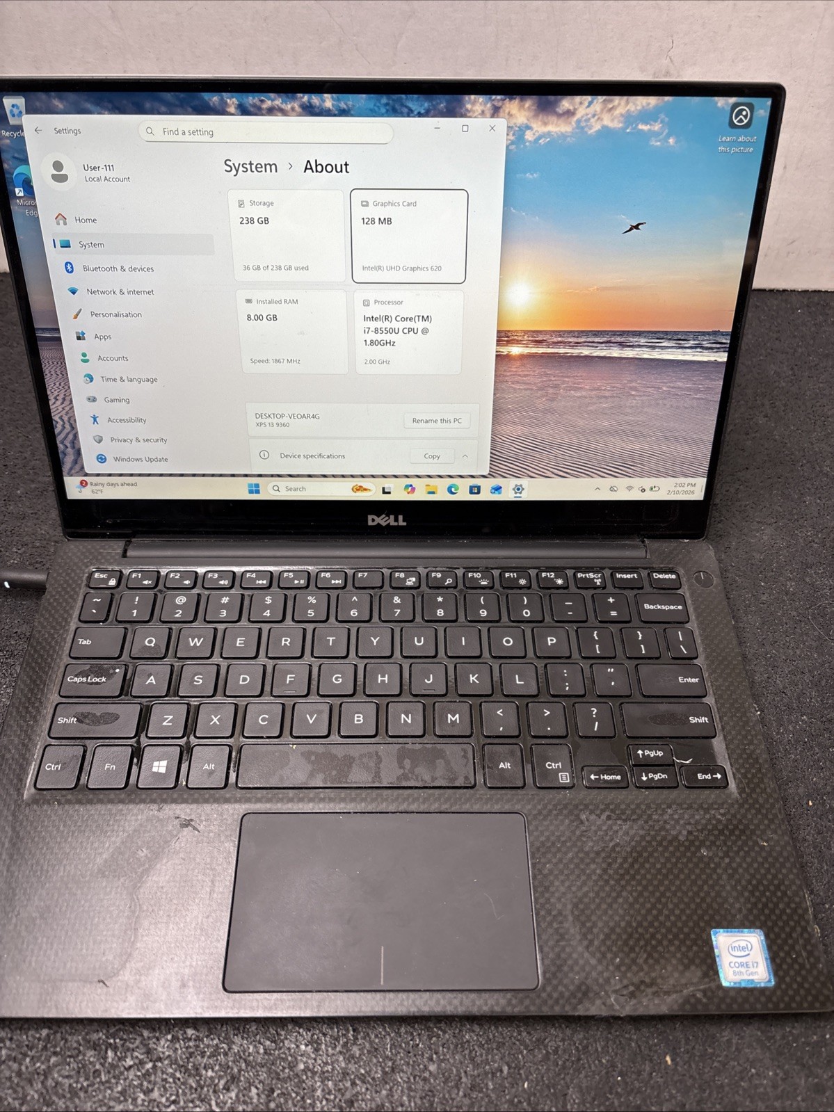 Dell XPS 13 9360 1.8GHz i7-8550U 8th Gen 8GB RAM 256GB SSD + Win 11 Pro * READ*