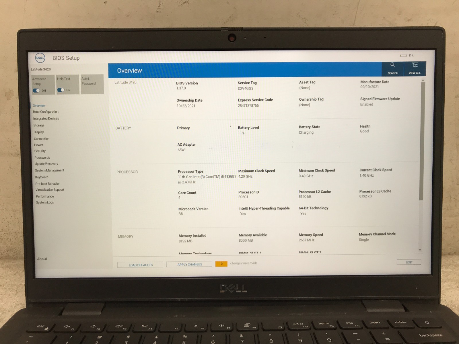 Dell Latitude 3420 / Intel Core i5-1135G7 1.40GHz / 8GB RAM / No SSD