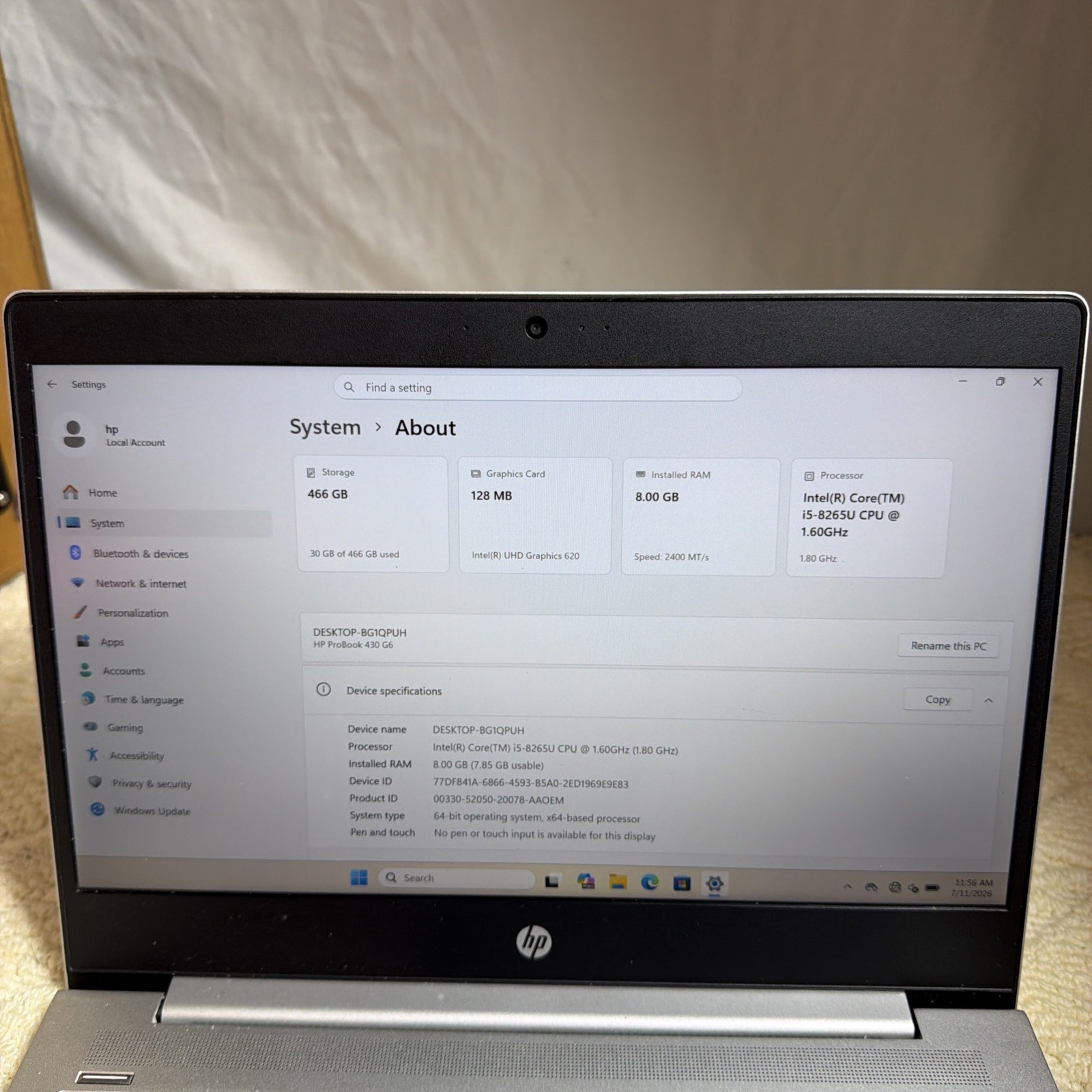 HP ProBook 430 G6 Intel Core i5-8365U 1.60GHz 8GB RAM 512GB HDD Windows 11 Pro
