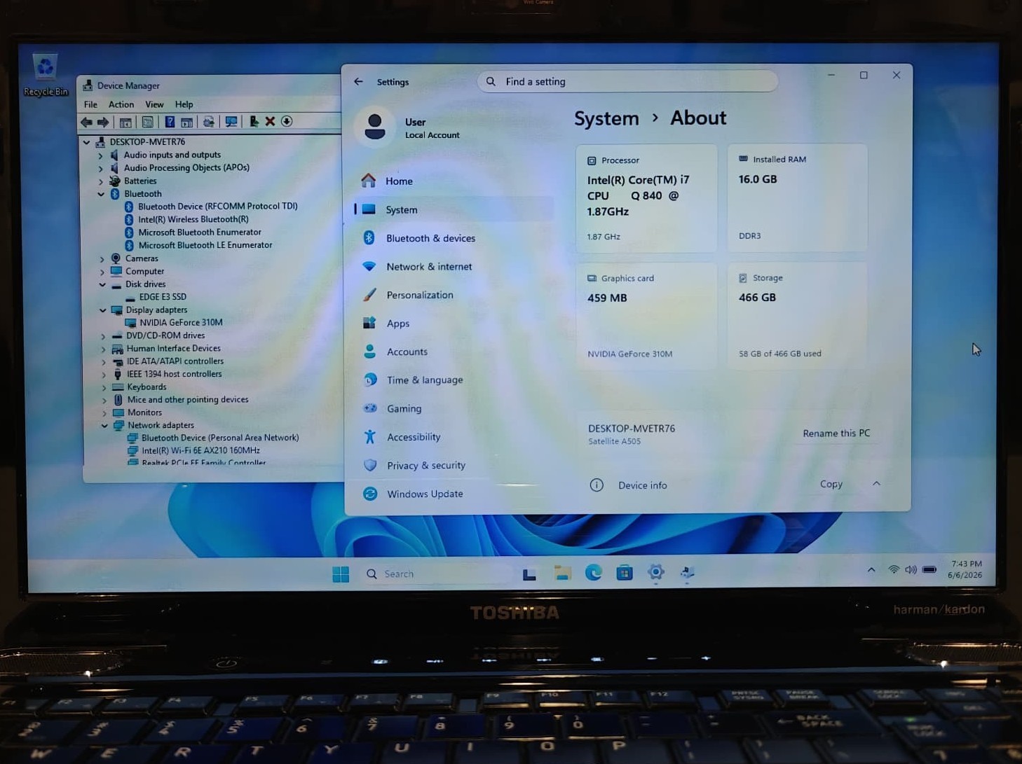 Toshiba Satellite A505 i7-840QM 16GB RAM 500GB SSD Wifi6E BT Win 11 Office 365