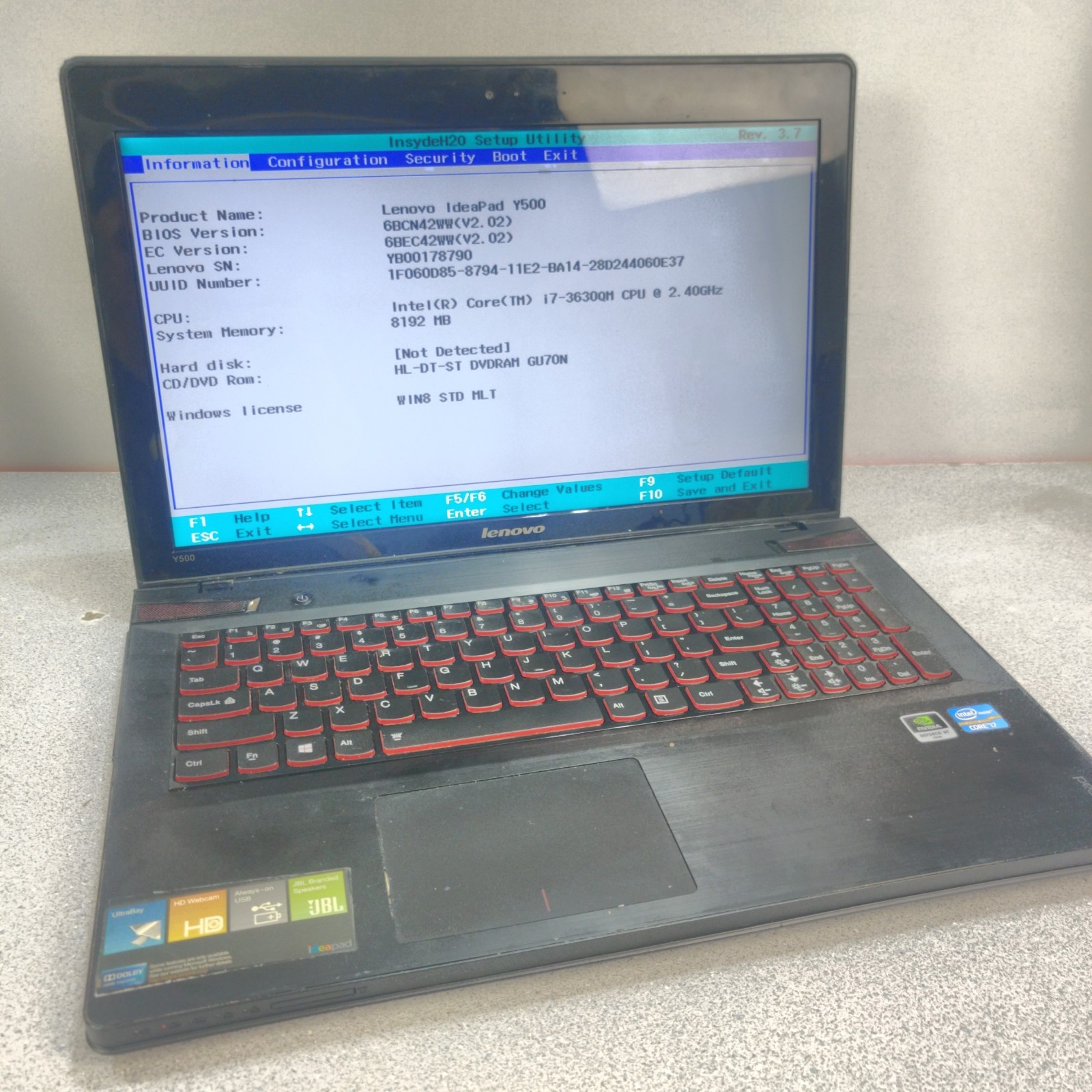LENOVO IDEAPAD Y500 Gaming Laptop i7-3630QM 8GB RAM GT 650M NO HDD/CHARGER