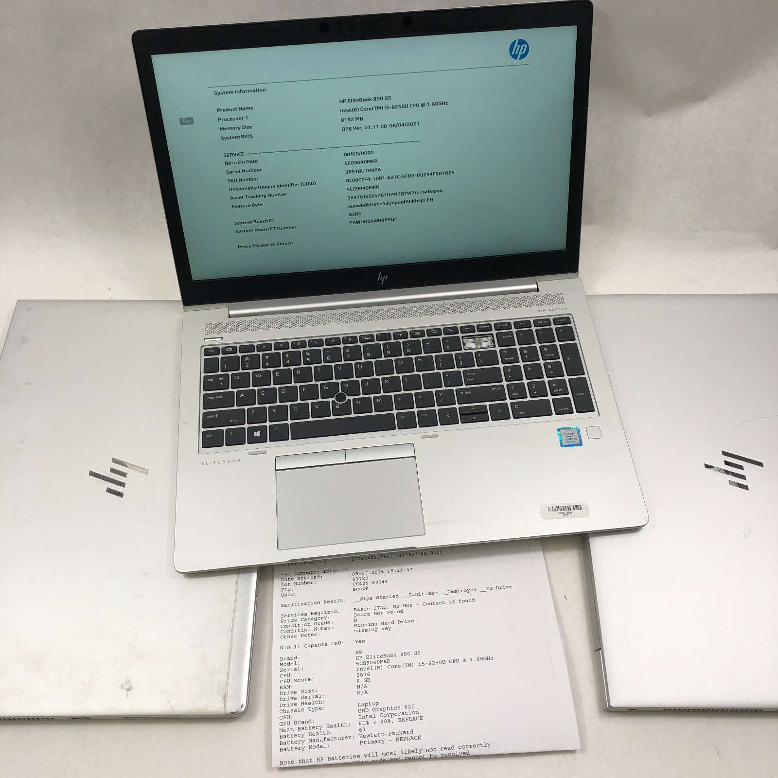 Lot of 3 HP EliteBook 850 G5/G6 15.6″ Core i5-8265U @ 1.60GHz 8GB RAM No SSD