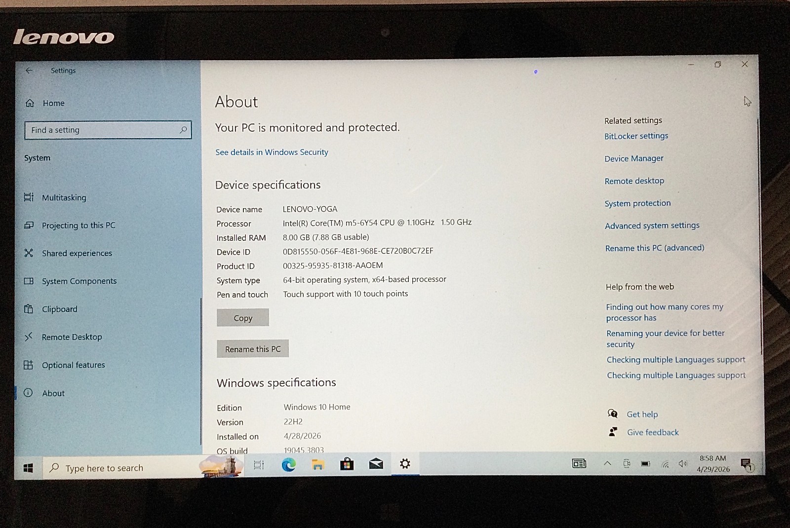 LENOVO YOGA 700-11isk 2in1, Silver , 256 GB SSD , 8GB Ram, Dual-Core m5-6Y54 CPU