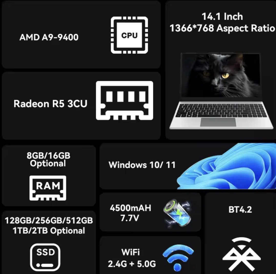 GreatAsia 14.1in Laptop AMD A9-9400 8GB 128GB SSD Radeon R5 Win10/11 Silver