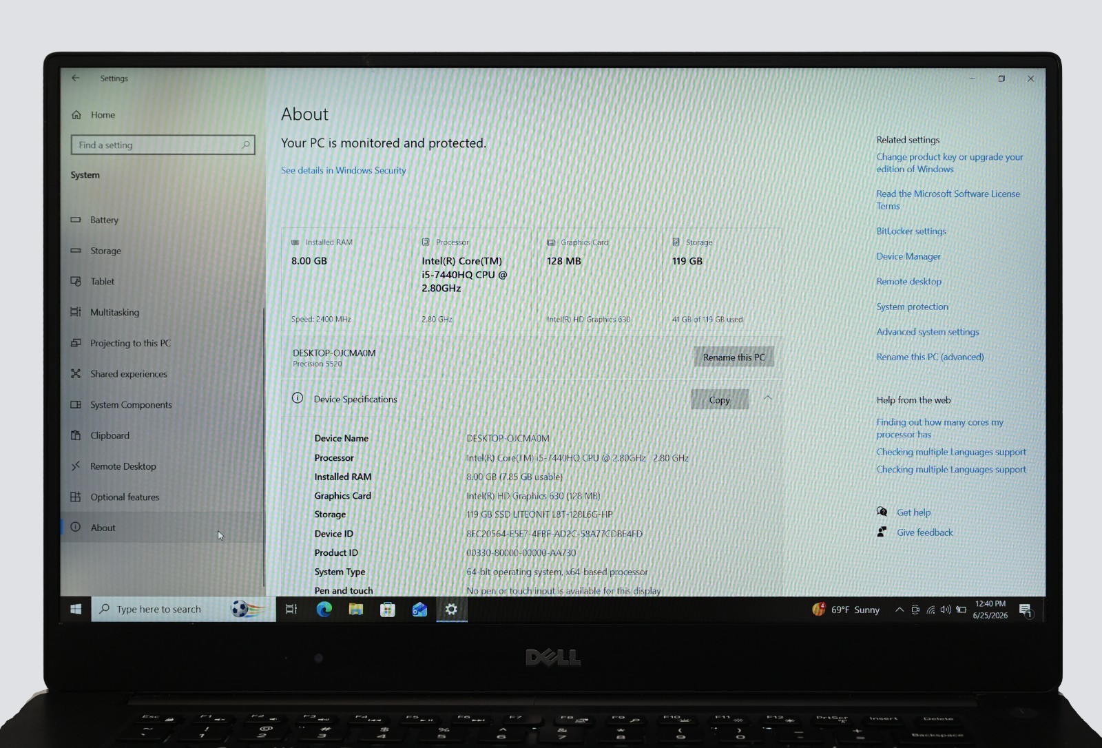 Dell Precision 5520 i5-7440HQ 2.8GHz 8GB RAM 128GB SSD Windows 10 Pro
