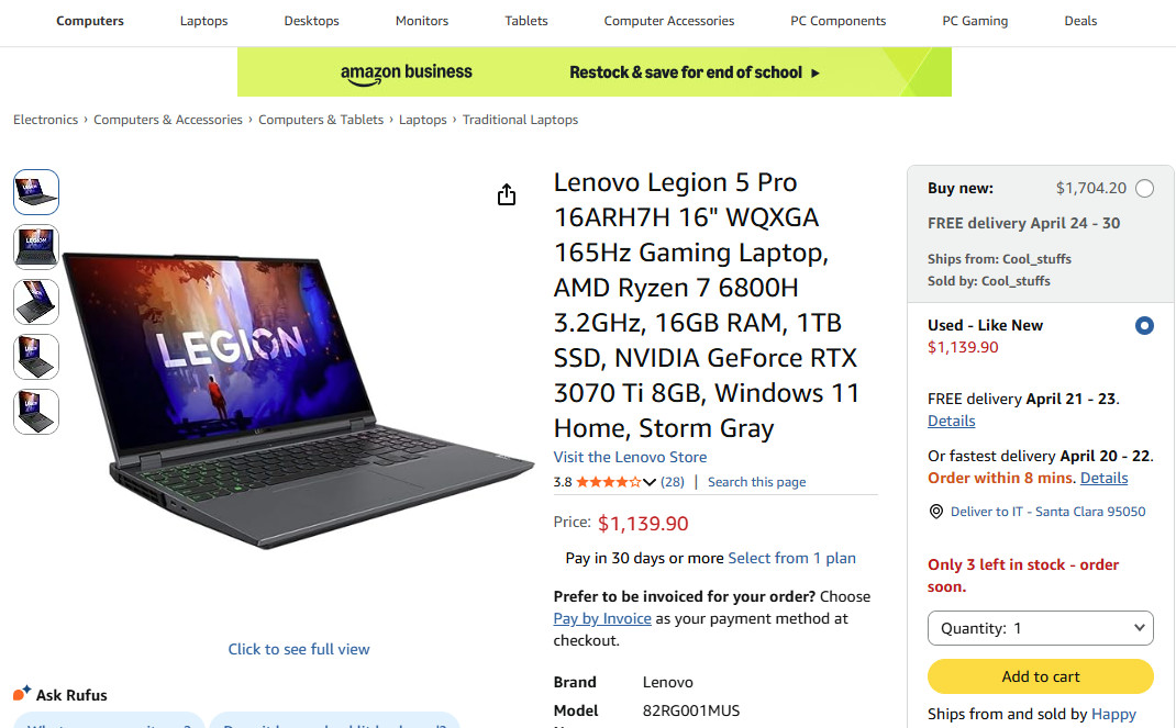 Lenovo Legion 5 Pro 16ARH7H Ryzen 7 RTX 3070 Ti 16GB 1TB SSD 16″ 165Hz