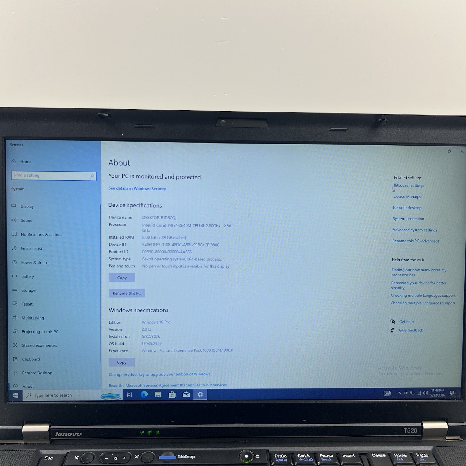 Lenovo ThinkPad T520 Intel i7-2640M 8GB 320GB HDD Win 10 w/ Charger|ELP73, READ