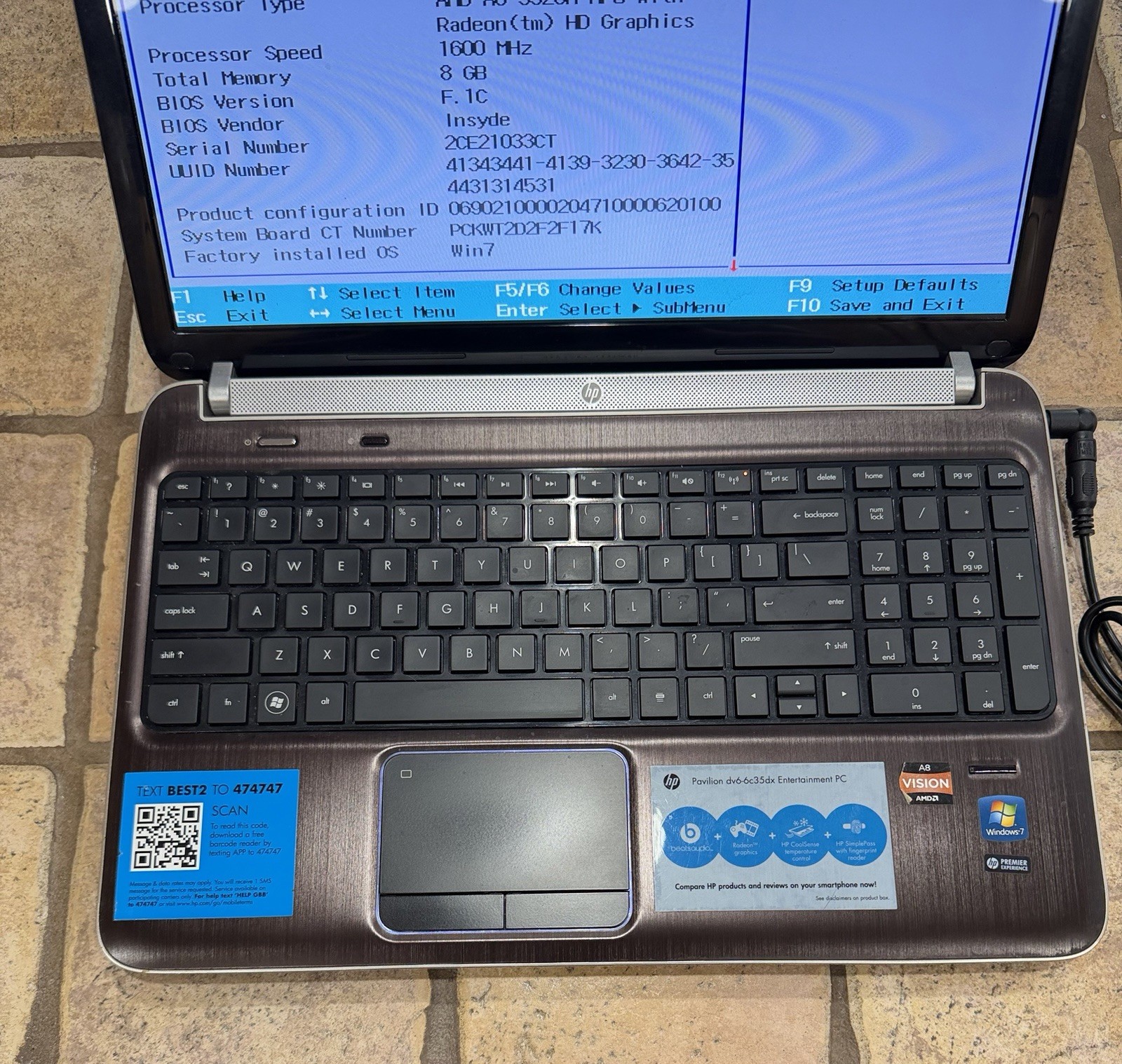 HP Pavilion DV6-6C35DX AMD A8-3520 1.6GHz 8 GB Ram – BOOTS TO BIOS